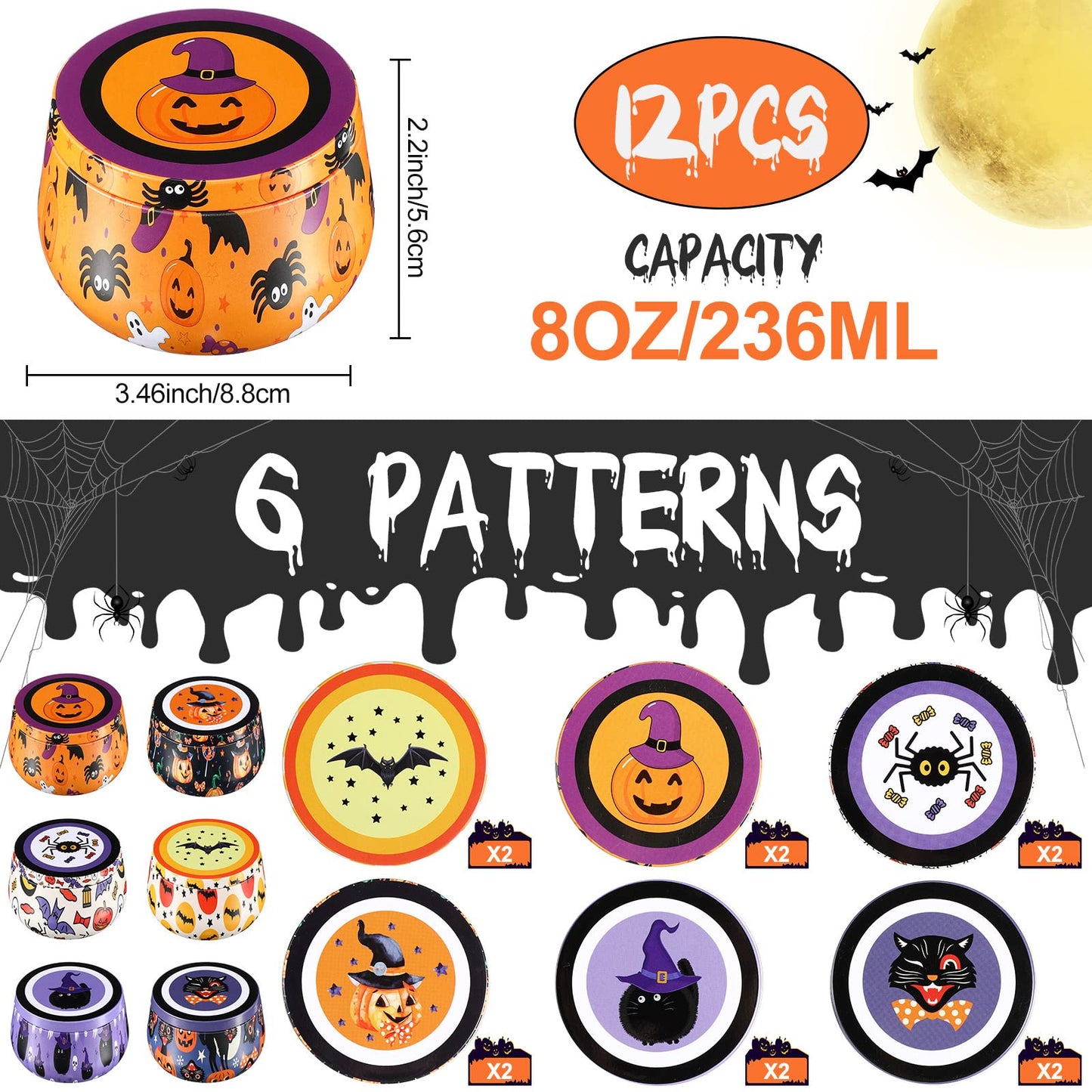 12 Pack Halloween Cookie Tins with Lids 8 oz Candle Jars for Making Candles Large Capacity Round Tinplate with Lids Cookie Containers for Storing Candies Biscuits Treat Small Gift(Halloween)