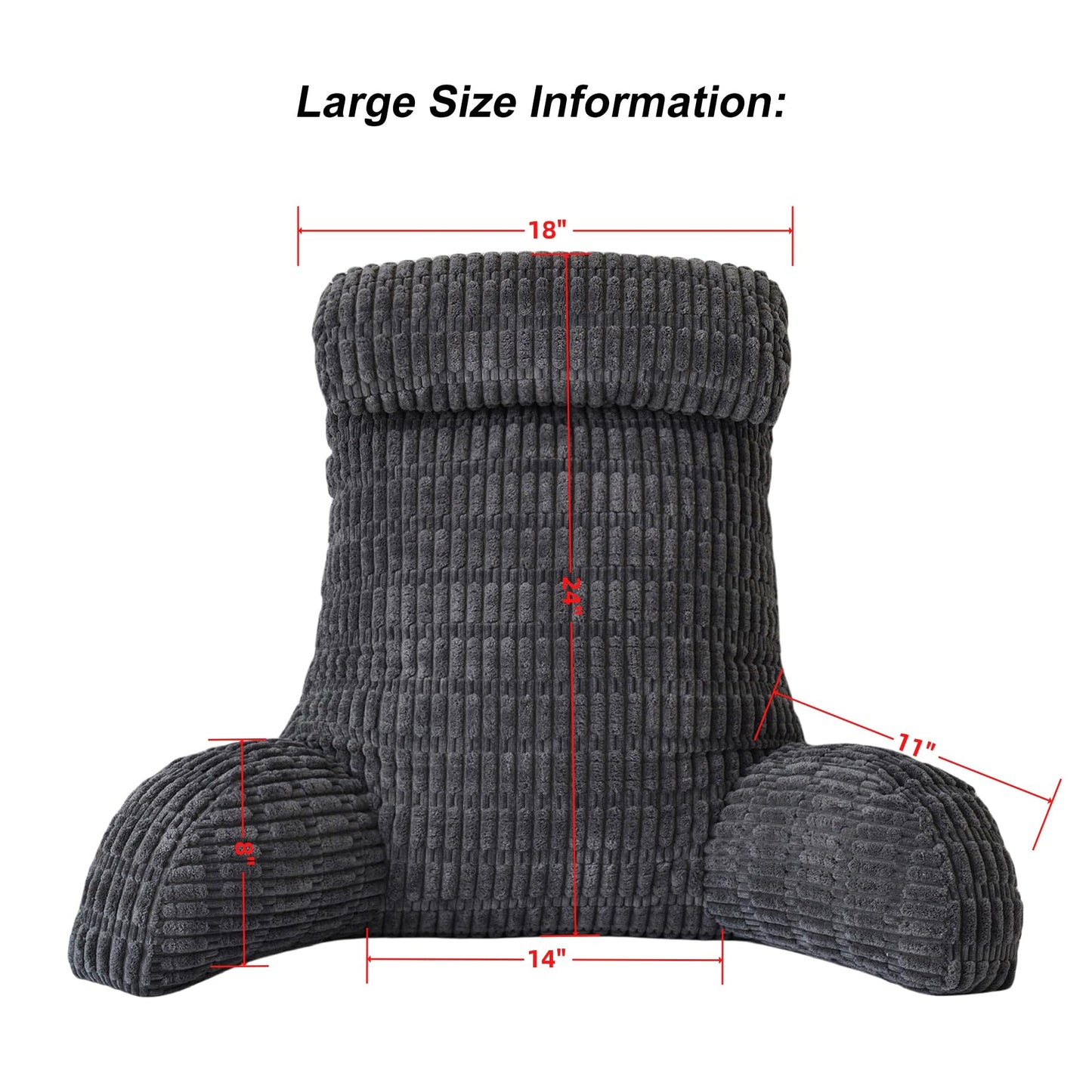 WERDIM Reading Pillow with Detachable Neck Roll, Large Back Pillow for Sitting Up in Bed Couch, Adult Bed Rest Pillow with Arms for Reading/Watching TV/Gaming, Dark Grey