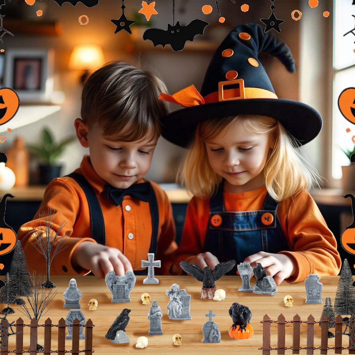 65 Pcs Halloween Village Accessories Set Miniature Tombstone Crow Figurines Mini Plastic Skulls Spiders Fence Bare Branch Trees Halloween Town Set for Mini Graveyard Scene Decor