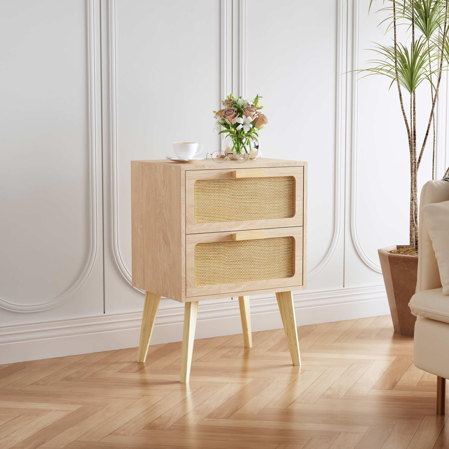 YAUKOMEL Rattan Nightstand,Boho Bedside with Storage,End Table,Side Table with 2 Hand Made Rattan Decorated Drawers for Small Space,Livingroom,Bedroom,Natural 11.8" D x 16" W x 22.4" H CTG59Y