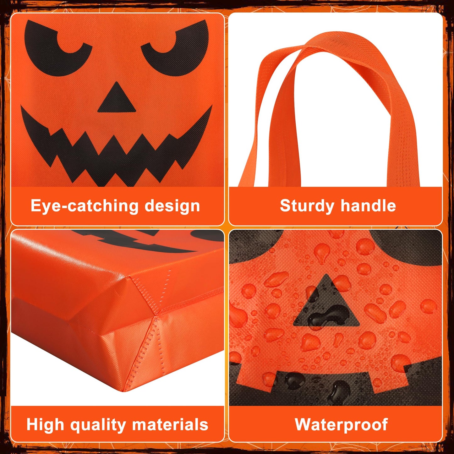 16 PCS Halloween Trick or Treat Bags 10.2 x 8.26 Inch Non-Woven Pumpkin Candy Tote Bag with Handles Reusable Pumpkin Candy Goodie Bags Halloween Party Gift Bag for Halloweens Party Gifts Wrapping Supplies