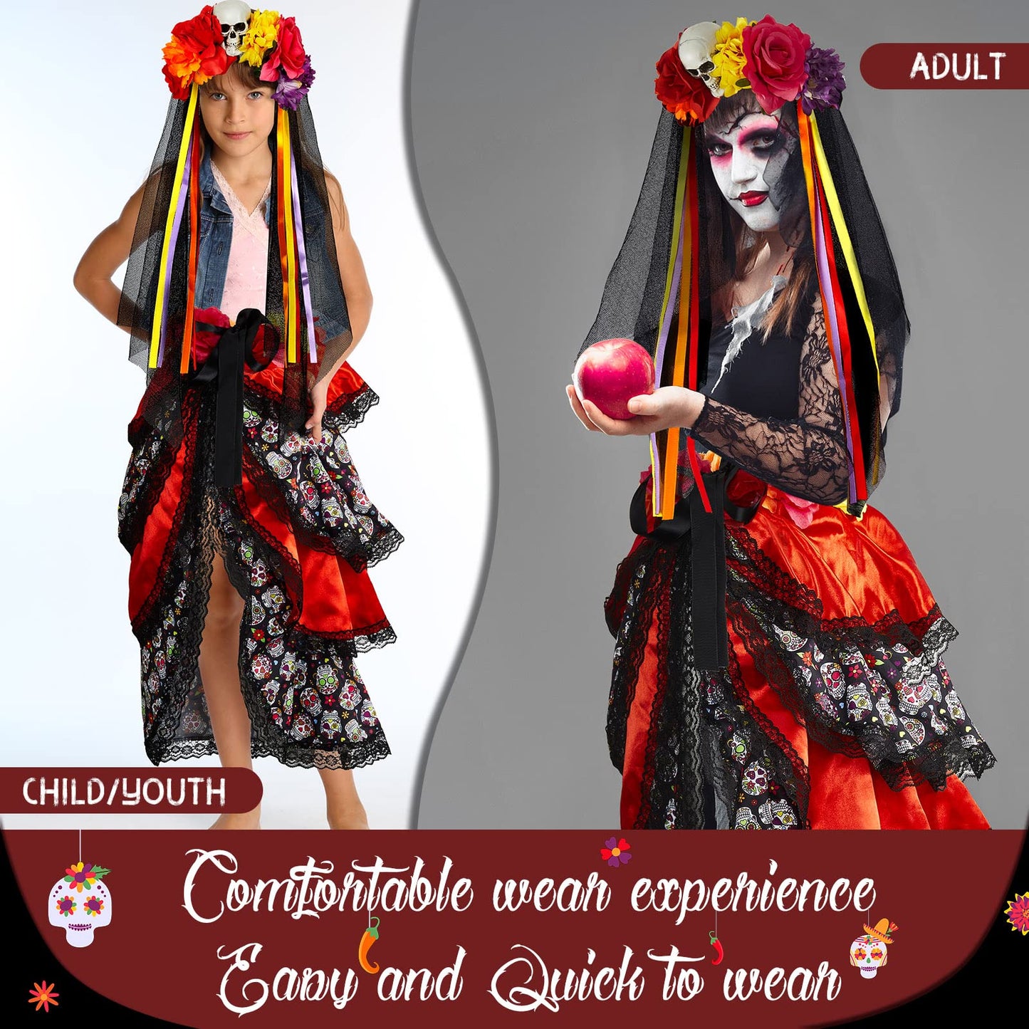 2 Pcs Halloween Day of the Dead Bustle and Day of the Dead Headband for Women Set Halloween Costumes for Women Girls (Medium)
