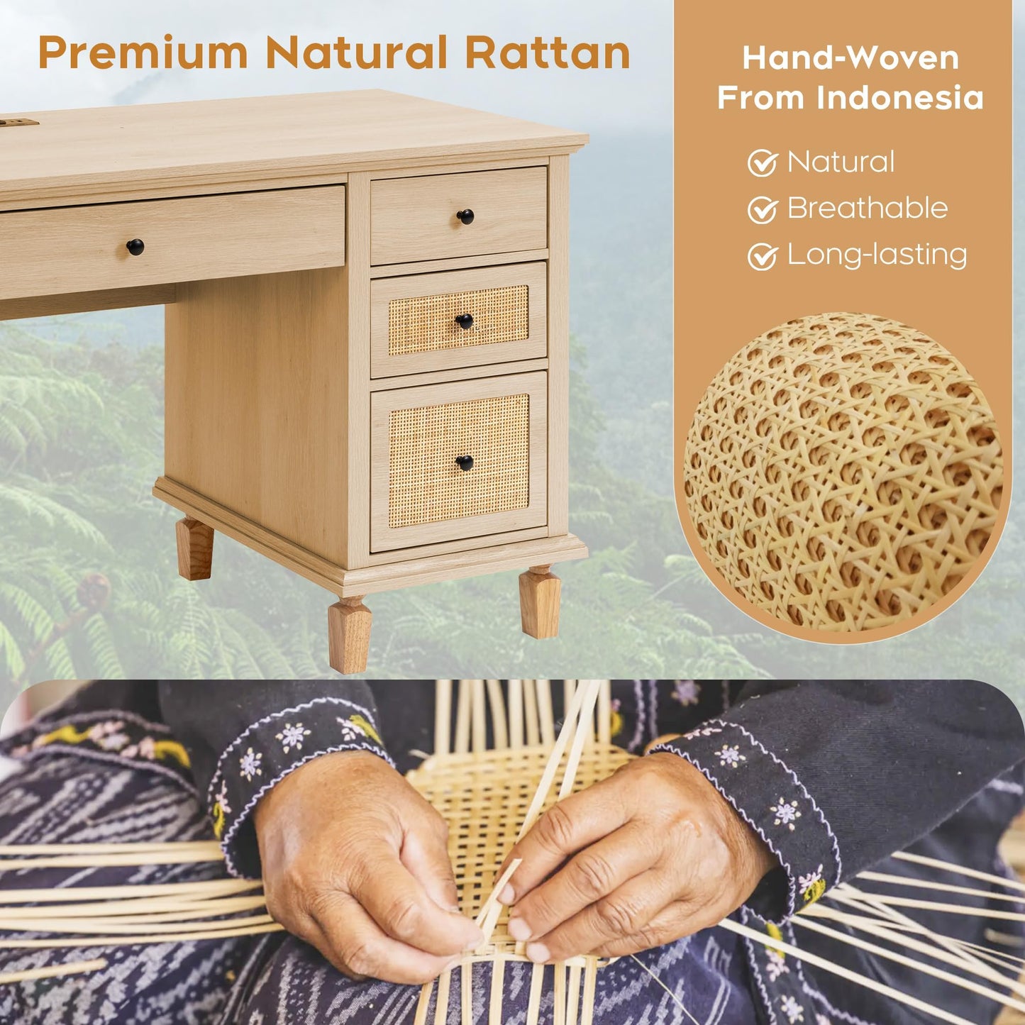 Yechen 58'' Wood Executive Desk with 7 Drawers - Modern Natural Rattan Home Office Desks with Charging Station, Large Long Computer Desk with Storage, Boho Writing Table for Work, Study, Natural Oak