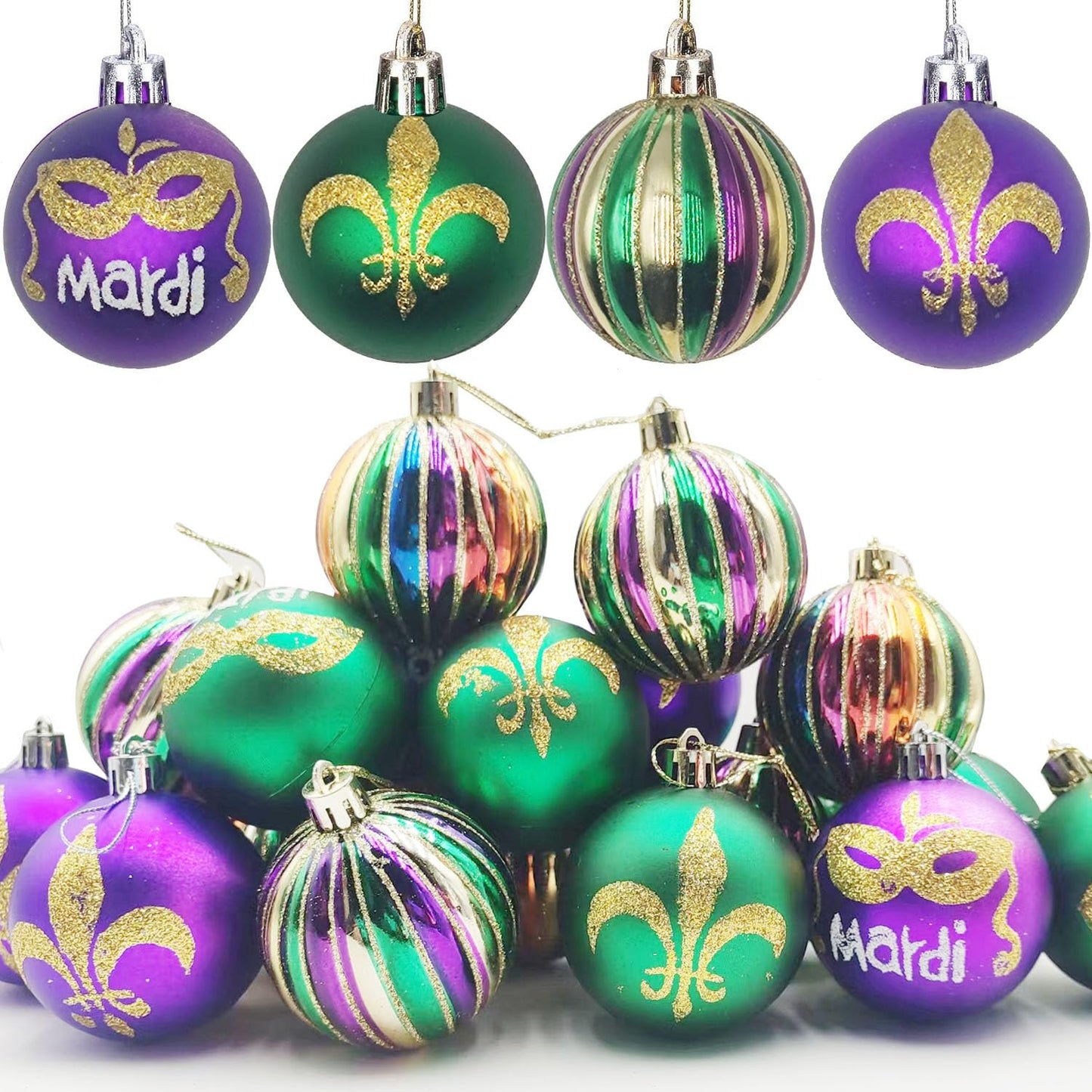 24 PCS Mardi Gras Tree Hanging Ball Ornaments-2.36 Inch Mardi Gras Shatterproof Ball-Purple Green Gold Tree Ornaments for Mardi Gras New Orleans Masquerade Party Decoration
