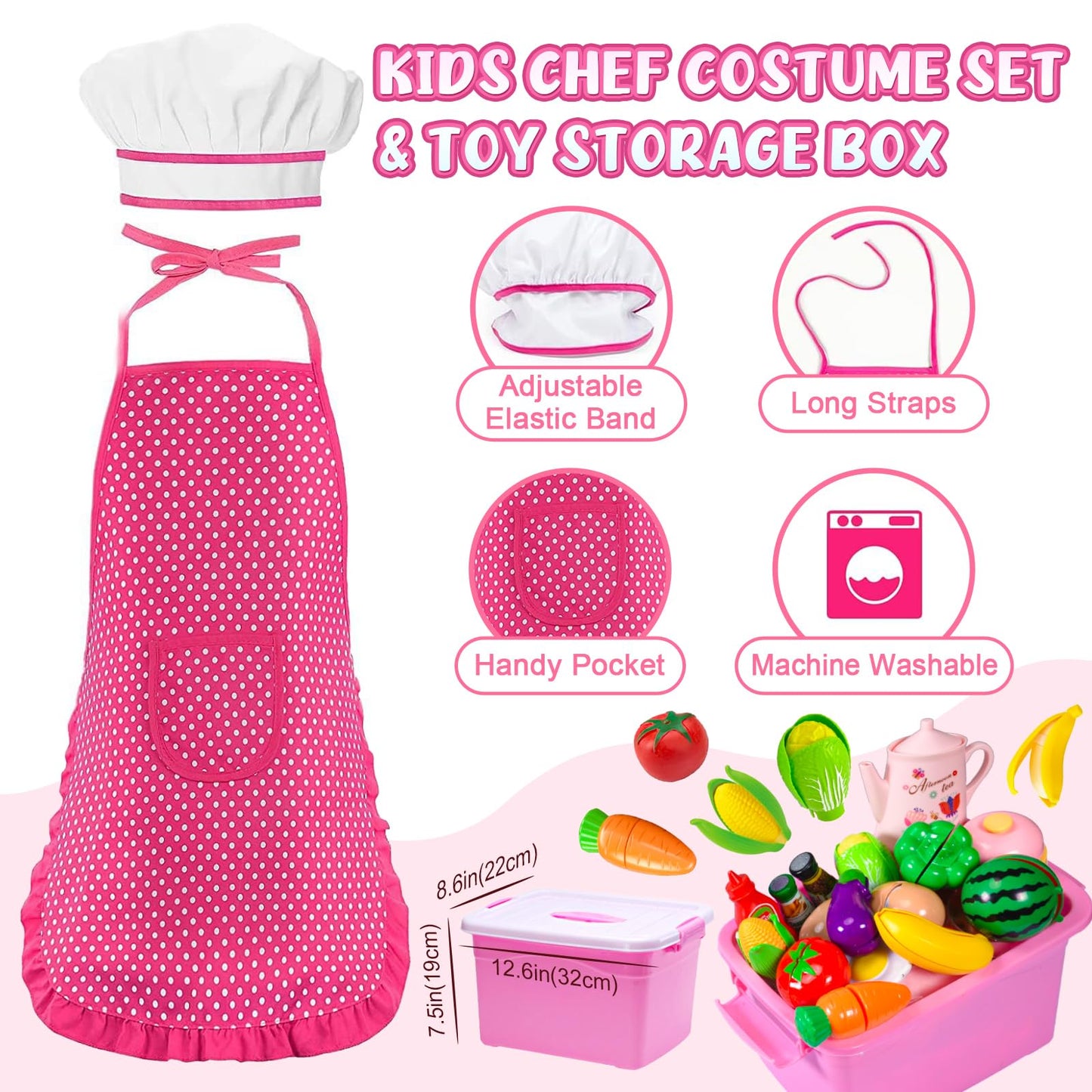 121Pcs Play Kitchen Accessories, Kids Kitchen Playset, Pretend Play Food Tea Party Set, Toy Kitchen Kids Cooking Real with Apron&Chef Hat, Utensils Cookware Pots&Pans, Toy Organizer, Toddler Toys Gift