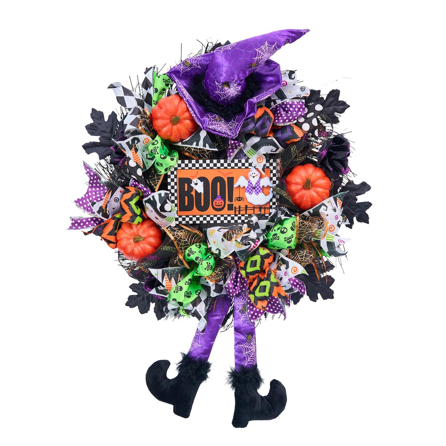 Vofuly Wreath for Front Door,20inch mesh Wreath,Pumkin & Witch Wreath with Legs,Fun Porch Decor,Decoration,Whimsical Halloween,Purple Green Orange (V23HL001)