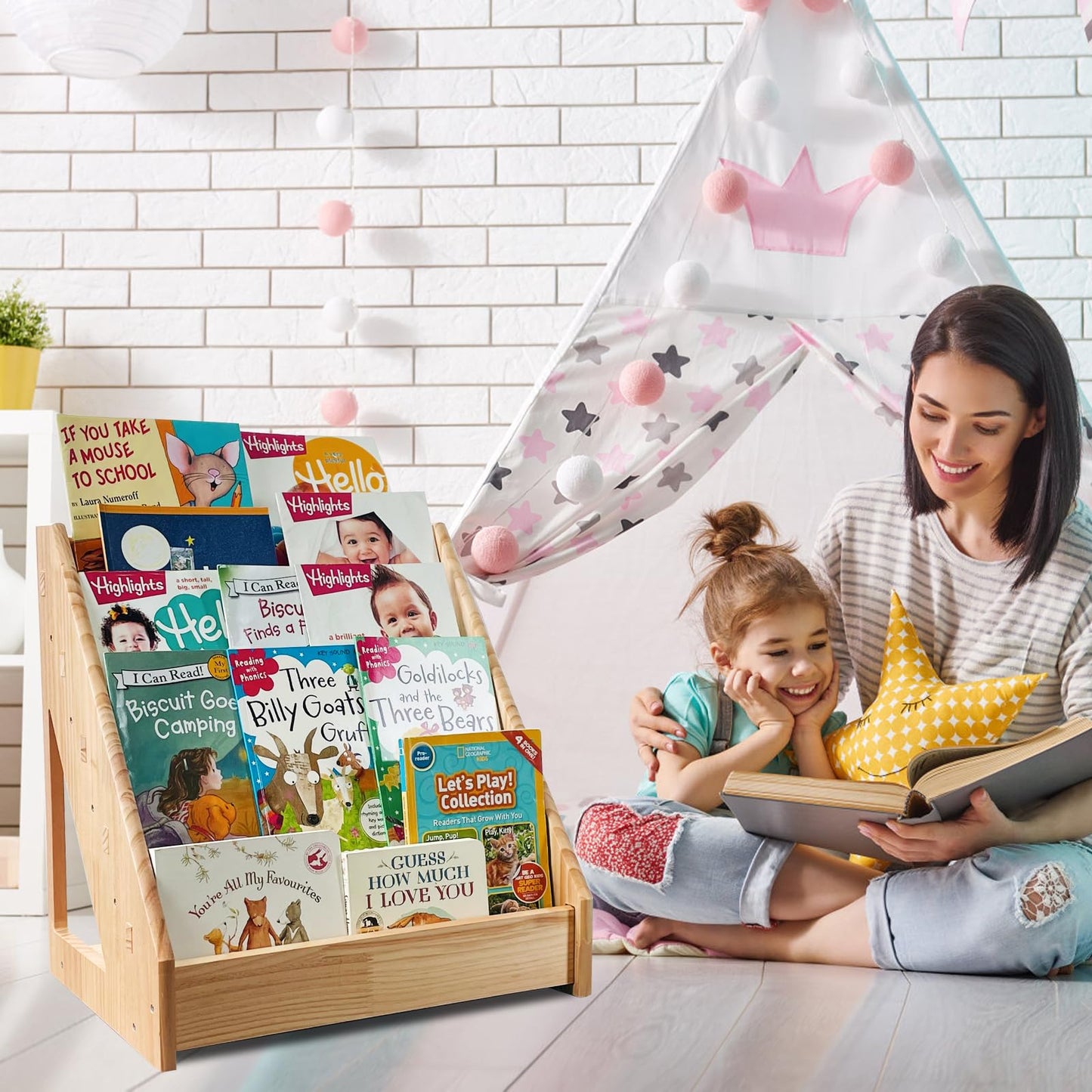 5-Tier Montessori Bookshelf - Front Facing Kids Bookshelf with Back Storage,Mortise and Tenon Design, Easy to Install. Perfect for Toddler, Children's Room, and Reading Nook (Natural)