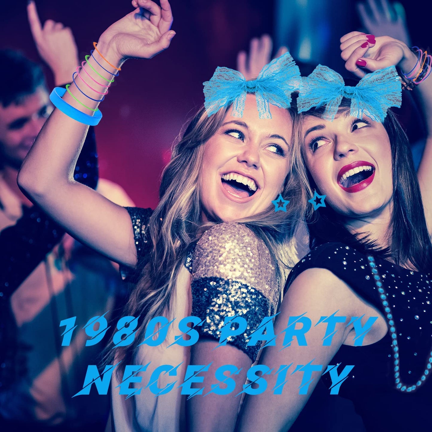 80s Fancy Dress Costumes Accessories, 1980s Fancy Style Dresses Party Sets & Kits for Women, Neon Leg Warmers Necklaces Bracelet Fishnet Gloves Lace Bow Headband Earrings Sunglasses-Blue