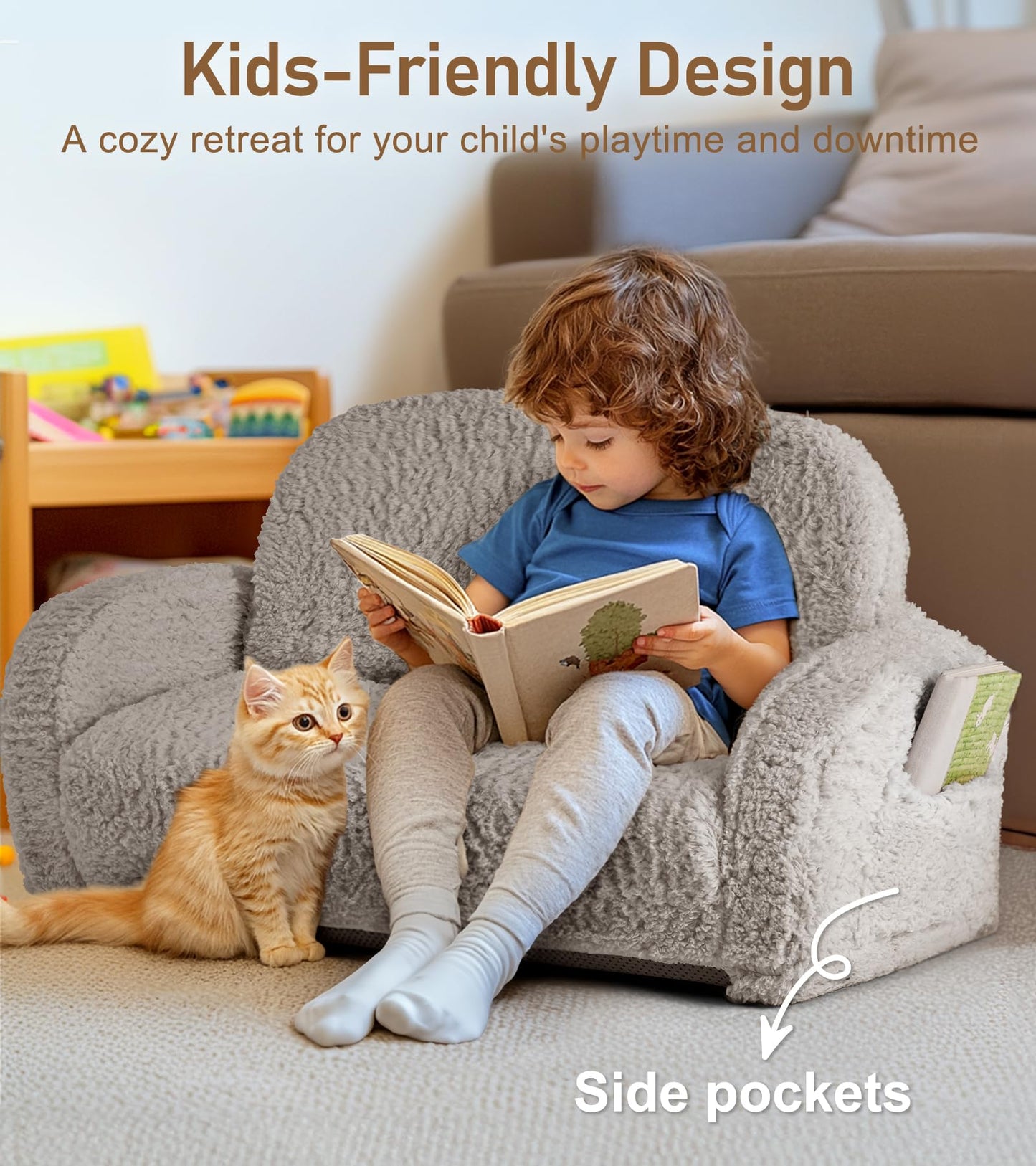2-in-1 Sherpa Fold Out Kids Couch, Extra Wide Comfy Toddler Chair, Convertible Kids Sofa to Lounger, Foldable Toddler Couch with High Density Foam, Modern Kids Sofa Bed for Boys & Girls 3+, Gray