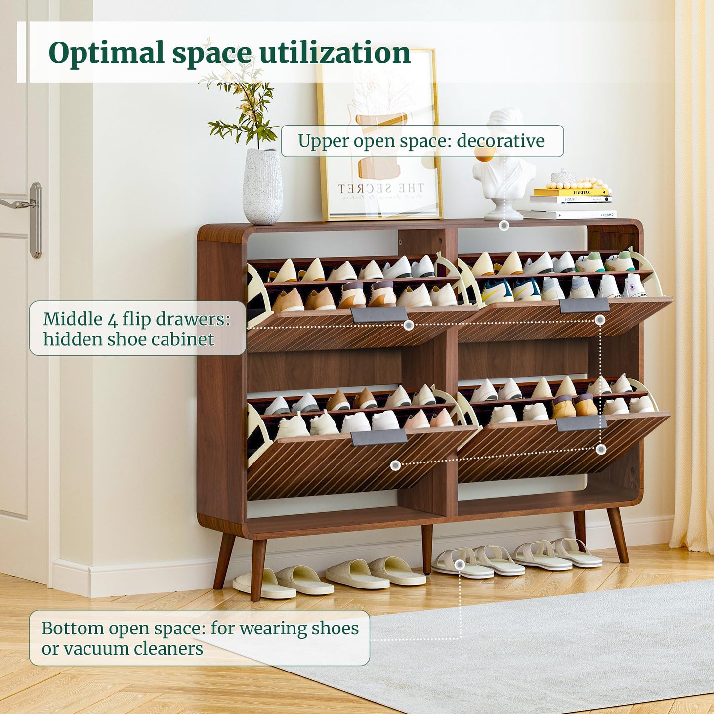 47" Fluted Large Shoe Cabinet with 4 Flip Drawers, Slim Freestanding Shoe Cabinet Organizer, Narrow Shoes Storage Rack for Entryway, 5 Sturdy Legs (Walnut, 9.45" D x 47.24" W x 35.83" H)