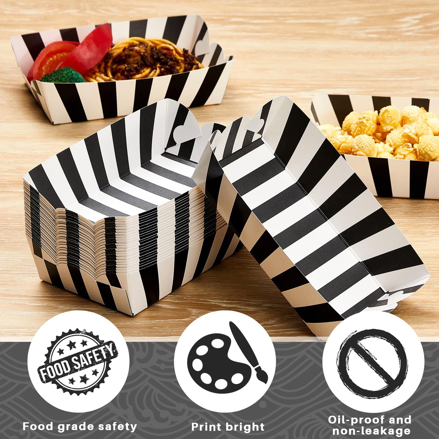Yaomiao 100 Pcs Striped Paper Food Trays Carnival Paper Boats for Food Nacho Hot Dog Disposable Plates Disposable Serving Trays for Carnivals Fairs Festivals Picnics(Black)