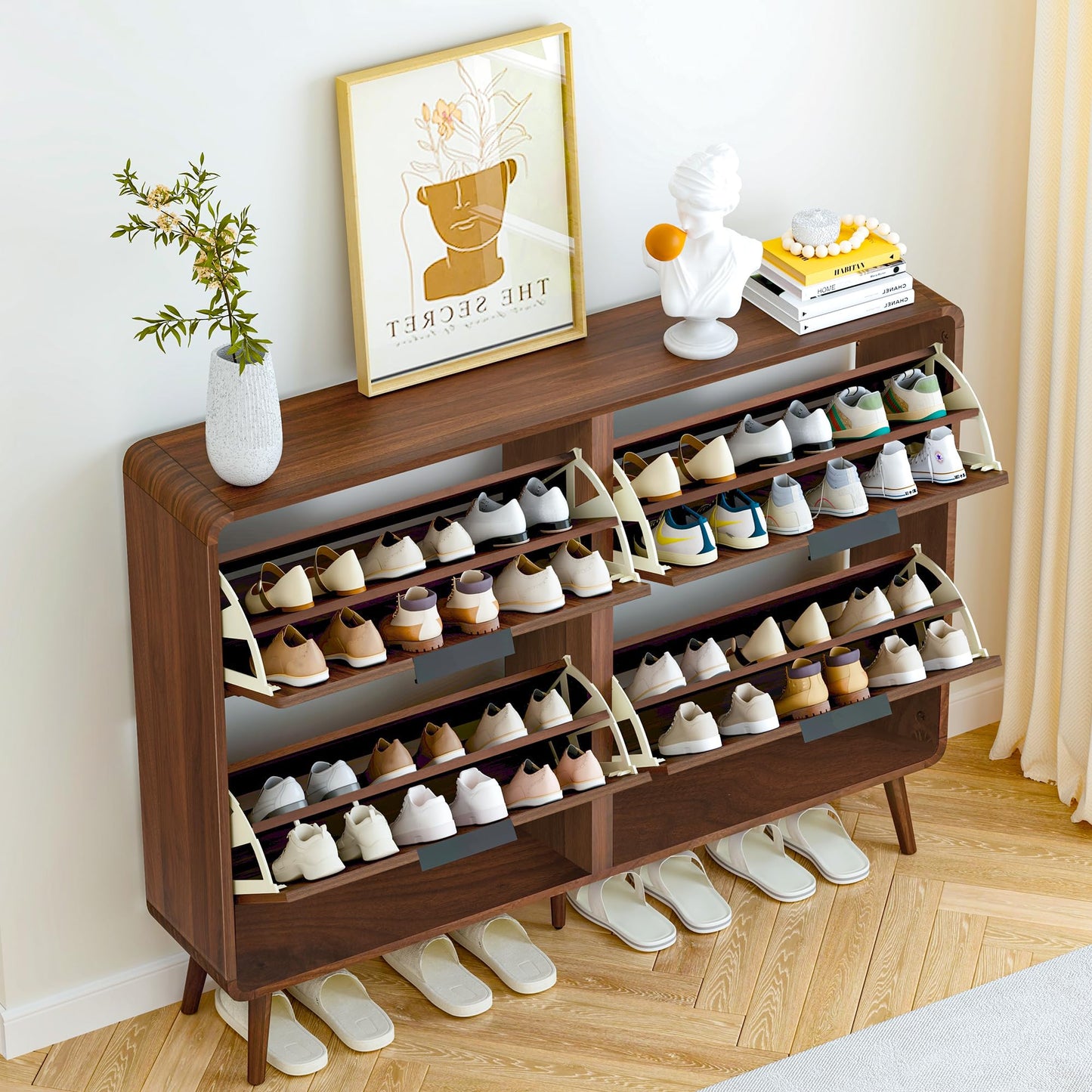 47" Fluted Large Shoe Cabinet with 4 Flip Drawers, Slim Freestanding Shoe Cabinet Organizer, Narrow Shoes Storage Rack for Entryway, 5 Sturdy Legs (Walnut, 9.45" D x 47.24" W x 35.83" H)
