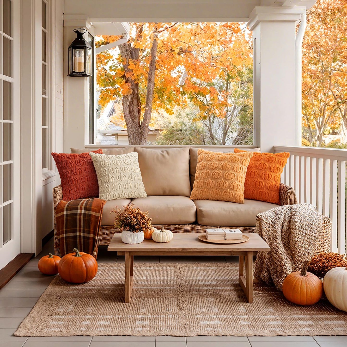 Woaboy Fall Pumpkin Pillow Covers Soft Cozy Plush 18x18 Inch Set of 4 Decorative Pillows Autumn Halloween Holiday Home Decor for Sofa Couch Porch Bed Living Room,Rust-Beige-2