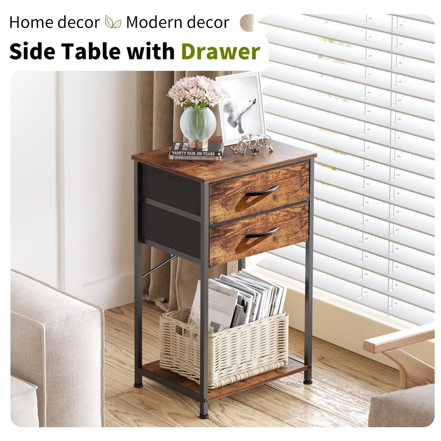 VonDream End Table with Fabric Drawer, Nightstand for Bedroom, Small Printer Stand for Home Office, Side Table with Storage