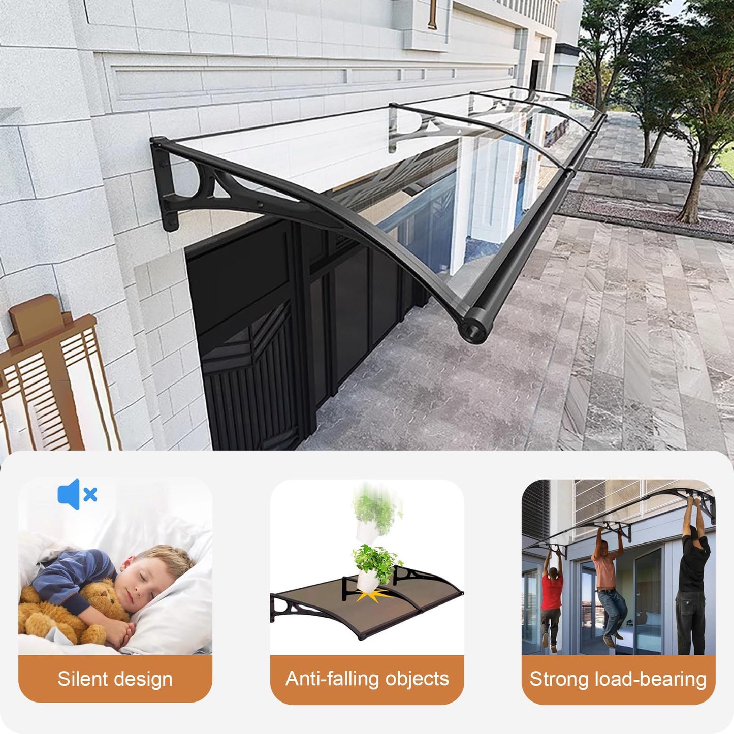 Window Awning Front Door Canopy, Outdoor Awning, Back Porch Garden Awning, Aluminum Alloy Large Sink, Modern Silent Polycarbonate Cover, Patio Porch Awning-Brown-60x60cm/24 x24