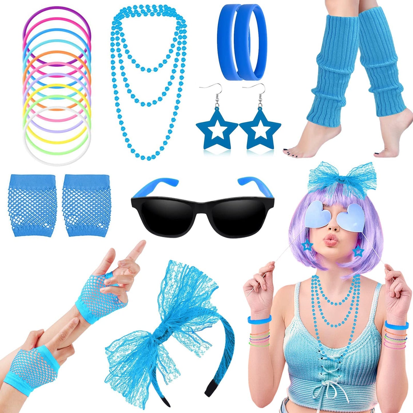 80s Fancy Dress Costumes Accessories, 1980s Fancy Style Dresses Party Sets & Kits for Women, Neon Leg Warmers Necklaces Bracelet Fishnet Gloves Lace Bow Headband Earrings Sunglasses-Blue