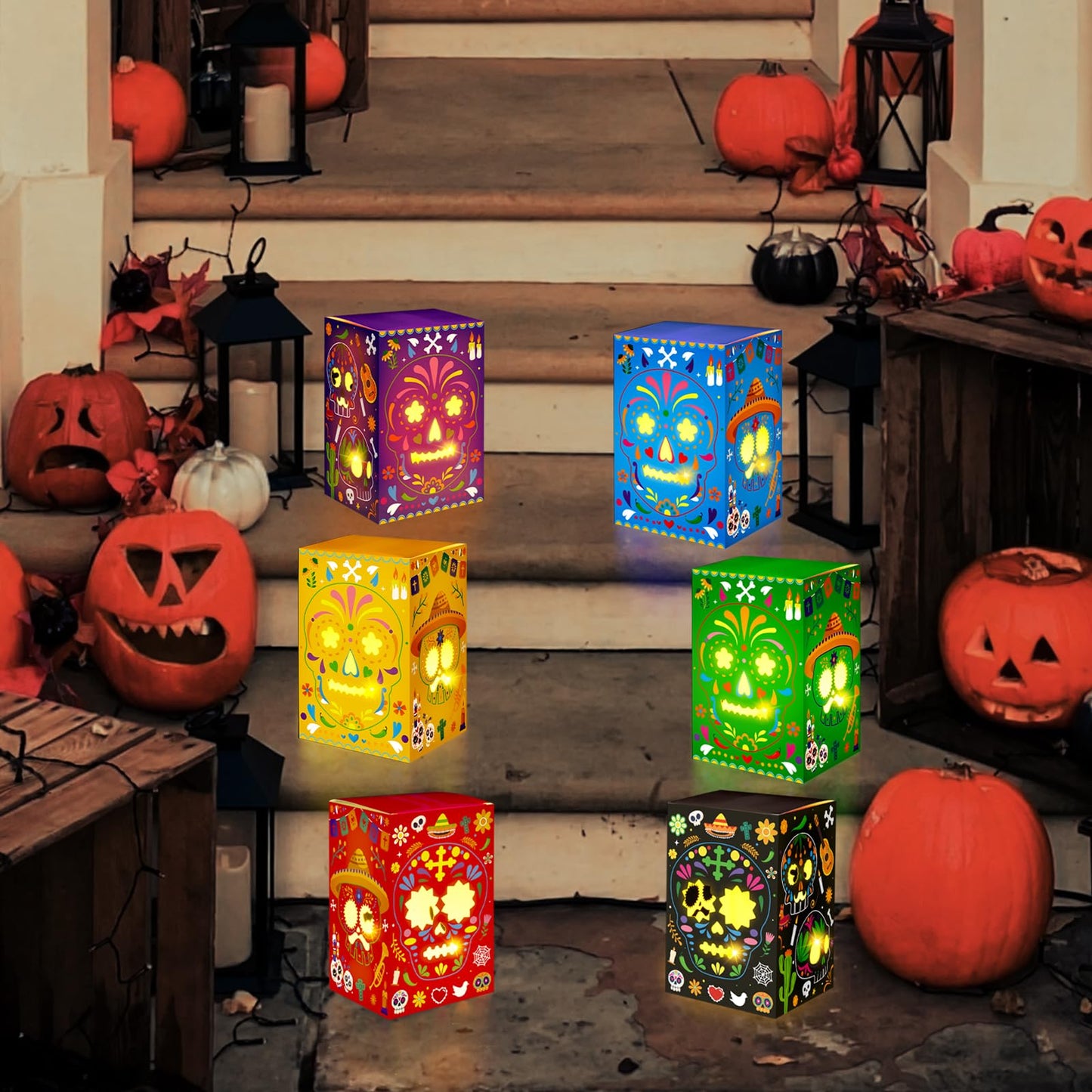 36PCS Day of The Dead Decorations Sugar Skull Candles Holders Boxes Dia De Los Muertos Altar Ofrenda Decorative Paper Box Decor, 6 Styles