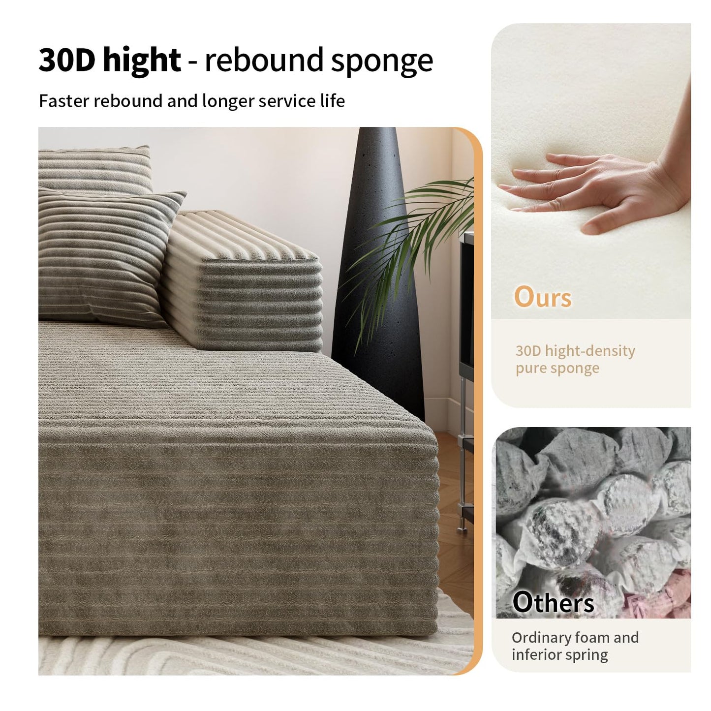 107.5" Cloud Modular Sectional Sofa Couch with L-Shape Chaise,Modern Minimalist Upholstered Couches for Living Room Bedroom,Deep Seat Corner Couch,No Assembly Required (Camel,Right Facing Chaise)
