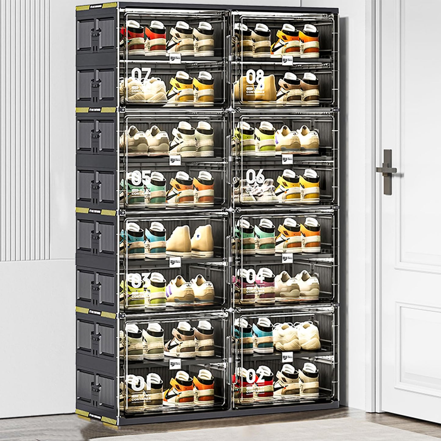 wesimple 32 Pairs Portable Shoe Storage Cabinent of 3-Step Fast Installation,Plastic Shoe Box with Magnetic Clear Door for Entryway, Enclosed Shoe Rack for Sneaker, Heels etc.. (2Row, 8Tier)