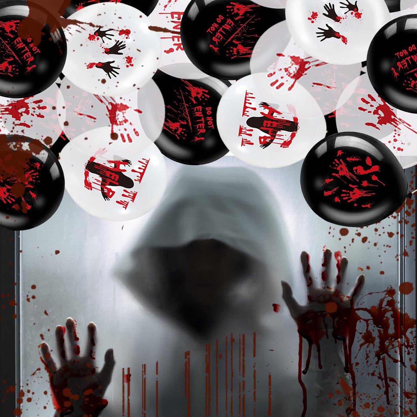 54PCS Halloween Balloons Bloody Balloons Black White Red Blood Splatter Balloons Handprint Latex Balloons Horror Zombie Latex Balloons Halloween Party Favor Scary Party Decoration