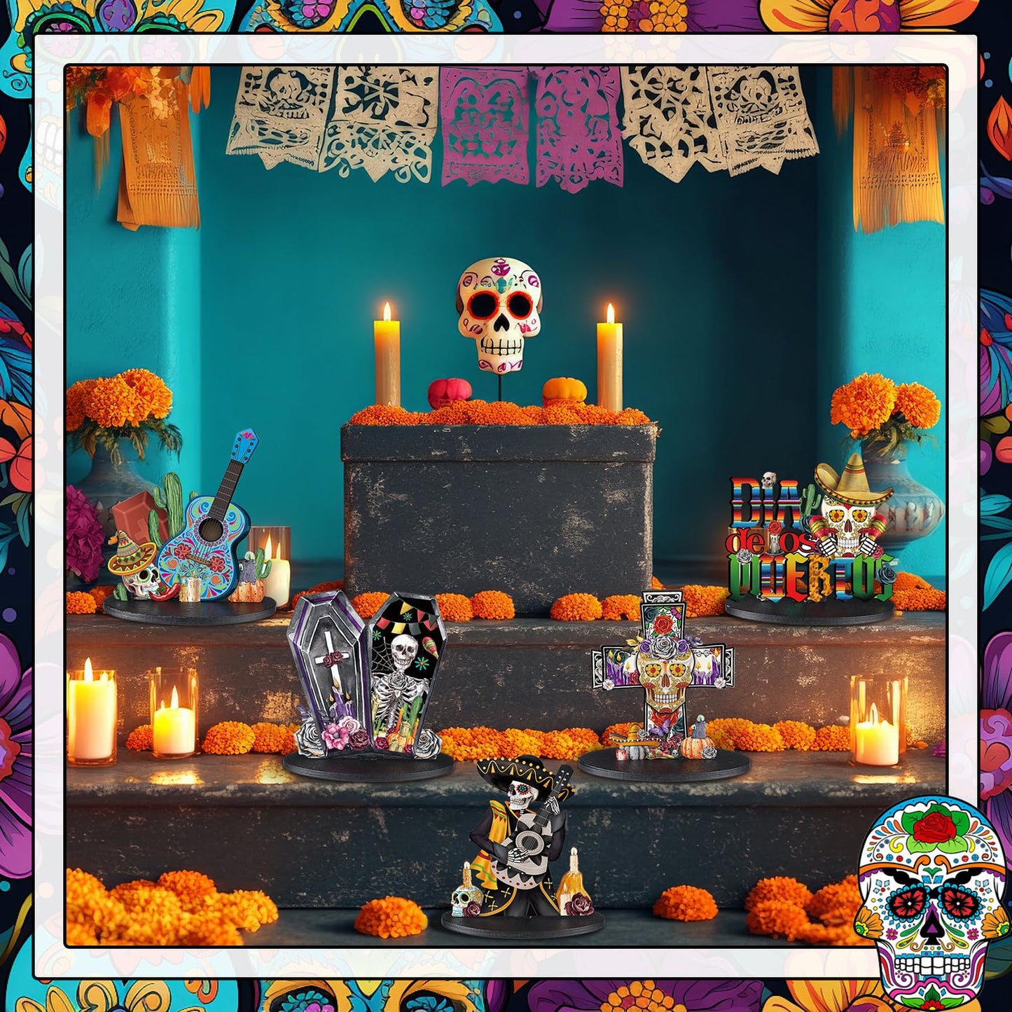 Wesiti 12 Pcs Day of The Dead Table Decorations Wooden Mexican Dia De Los Muertos Altar Centerpiece Halloween Sugar Skull Table Topper Decor Skeleton for Mexican Fiesta Tiered Tray Decor Party Favor