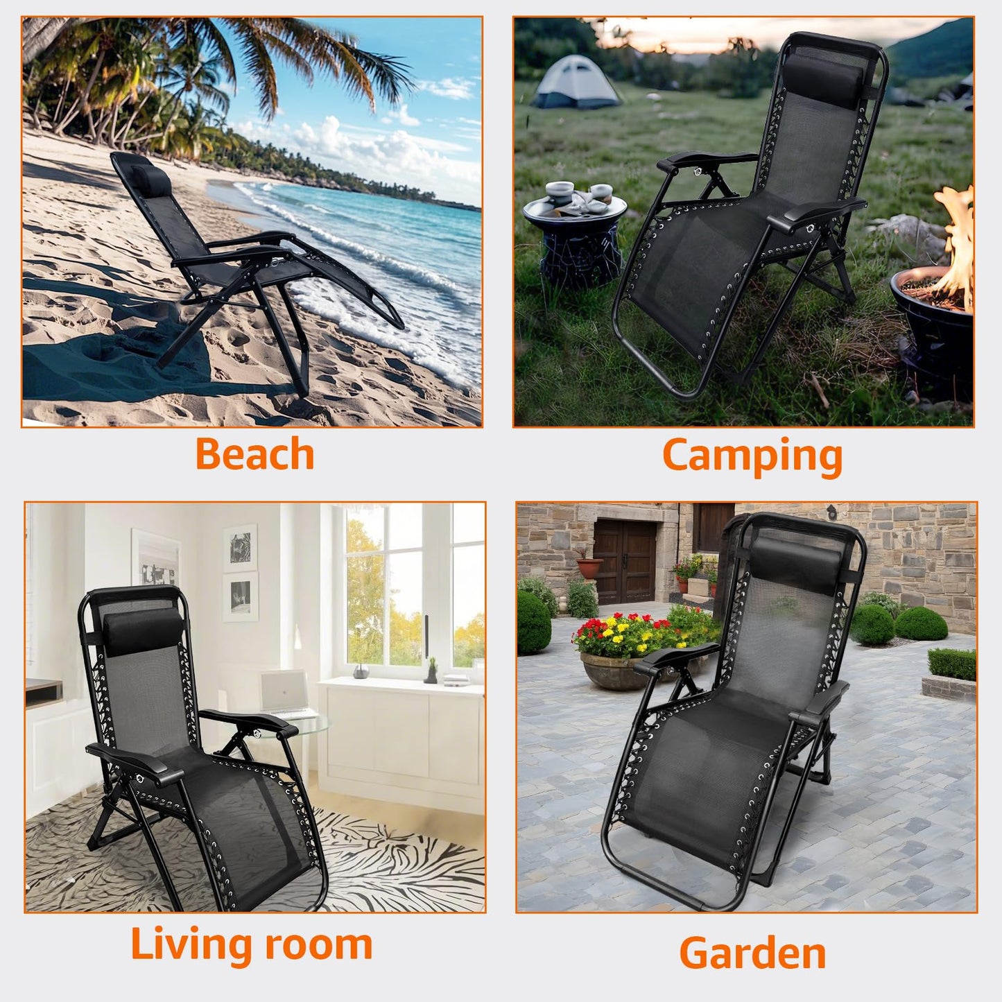 XYJBHB Zero Gravity Lounge Chair with Pillow - Thickened Pipe Outdoor Patio Folding Recliner, 26" Width, Adjustable, Steel Frame, Black - Ideal for Pool, Beach & Camping (Set of 2)