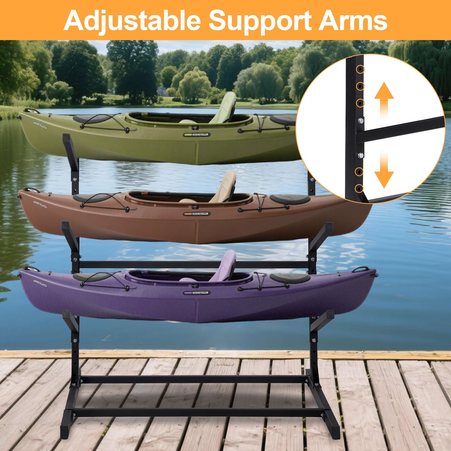 Oxphanor Kayak Storage Rack 3 Levels, Adjustable Freestanding Kayak SUP Stand, Weatherproof and Heavy Duty, Surfboard Stand Rack, Hold up Kayaks, SUPs, Paddleboards, Canoes