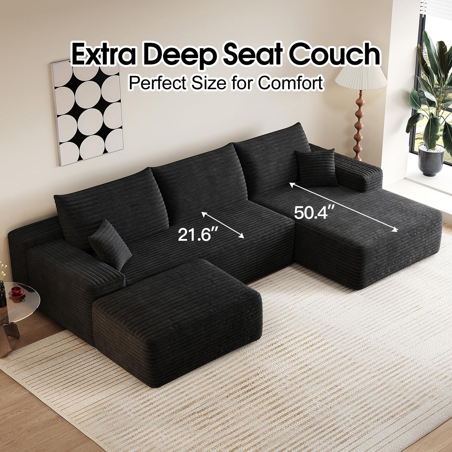 107" Comfy U-Shaped Sectional Modern Boneless Corduroy Couch with Chaise and Ottoman - No Assembly Required! Deep-Seat, Upholstered Modular Cloud Sofa for Living Room, Plush Corduroy Fabric(Black)