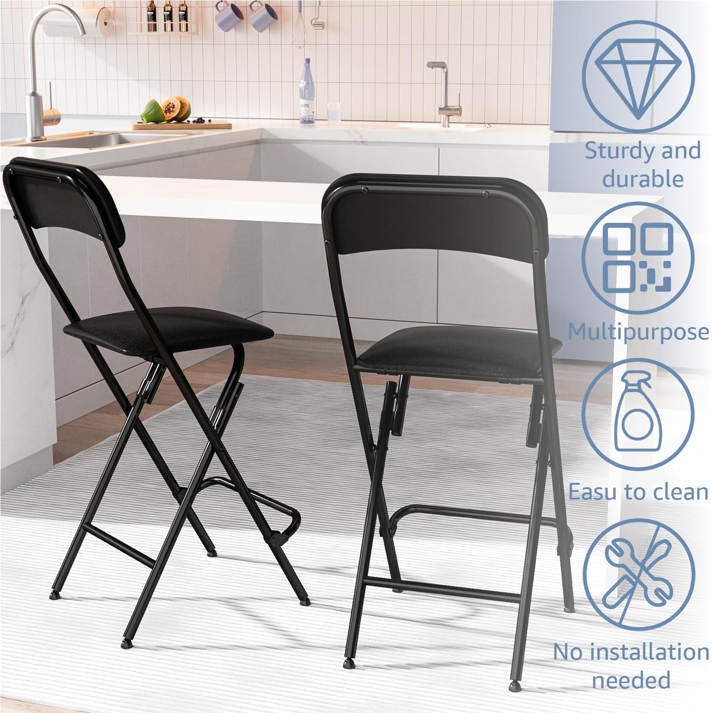 VOLIX Folding Bar Stool with Back, 300lb Capacity, Collapsible Stool for Kitchen Bar, Height 25"- 2PC