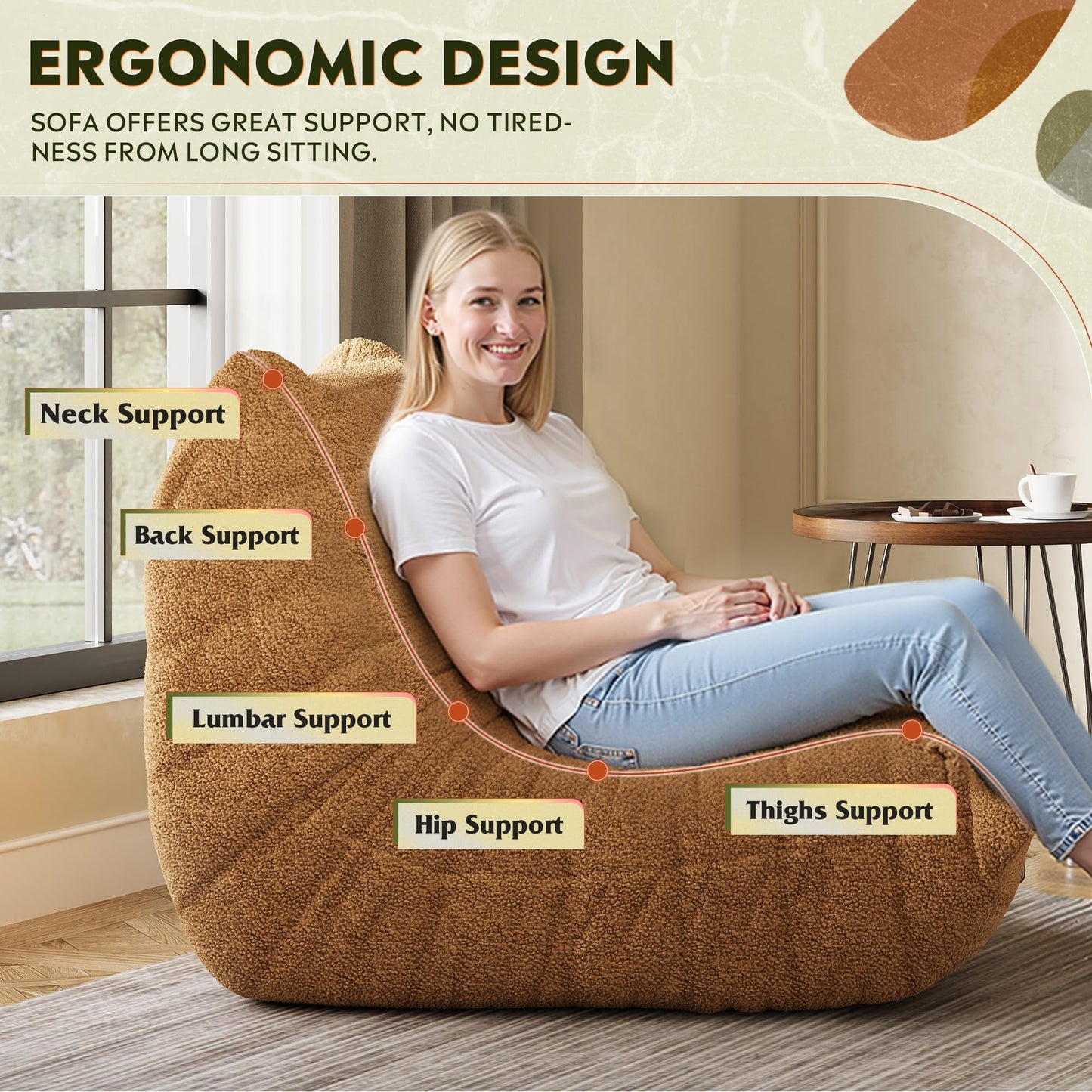 WLIVE Bean Bag Chair Giant Bean Bag Sofa Memory Foam Bean Bag Adult Chair, Sofa Recliner for Living Room and Bedroom, Orange