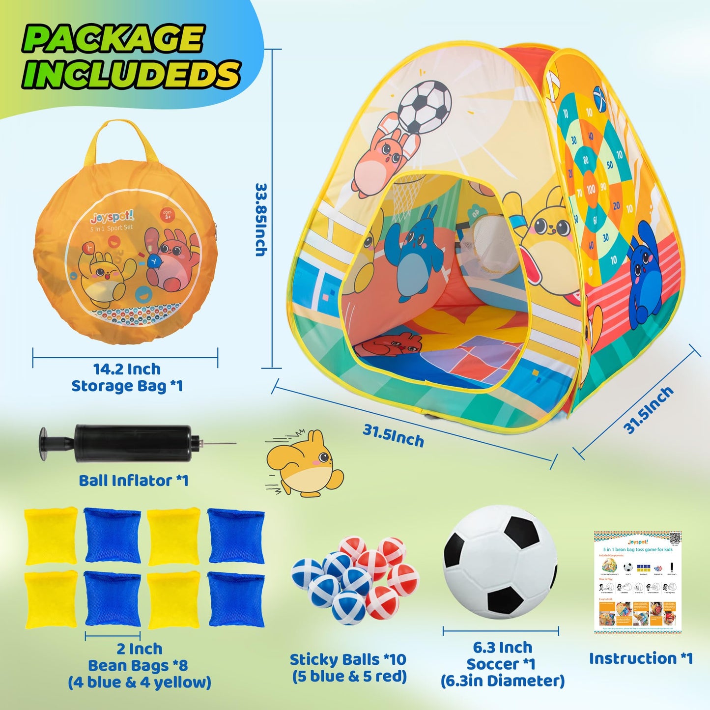 5-in-1 Kids Play Pop Up Tent with Bean Bag Toss Game Outdoor Toys, Tic Tac Toe, Dartboard,Soccer, Basketball, Carnival Outside Combo Set for Backyard Beach Lawn Party Fun, Birthday Gift for Boys Girls