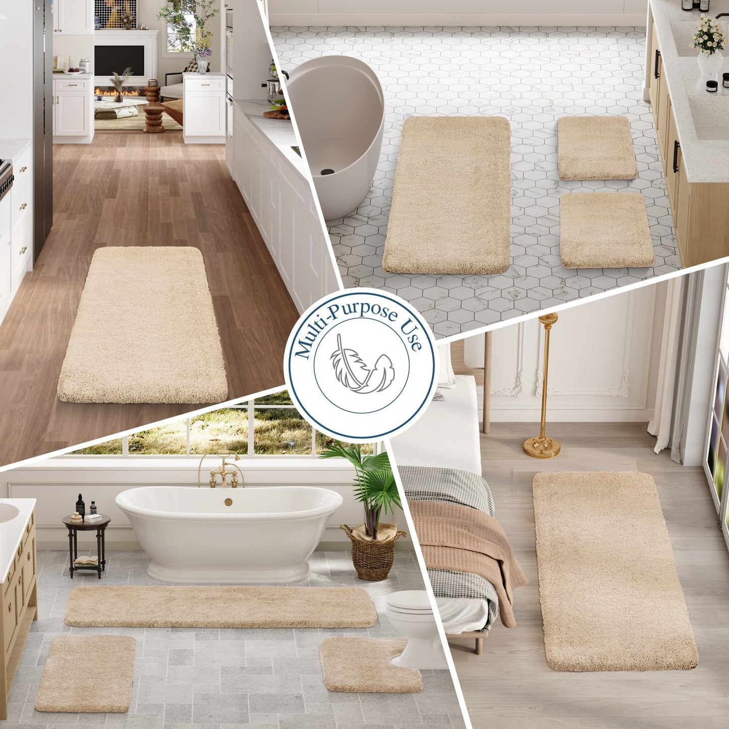 Walensee Bathroom Rug Non Slip Bath Mat (16 x 24, Beige) Water Absorbent Soft Microfiber Shaggy Bathroom Mat Machine Washable Bath Rug Thick Plush Rugs for Shower