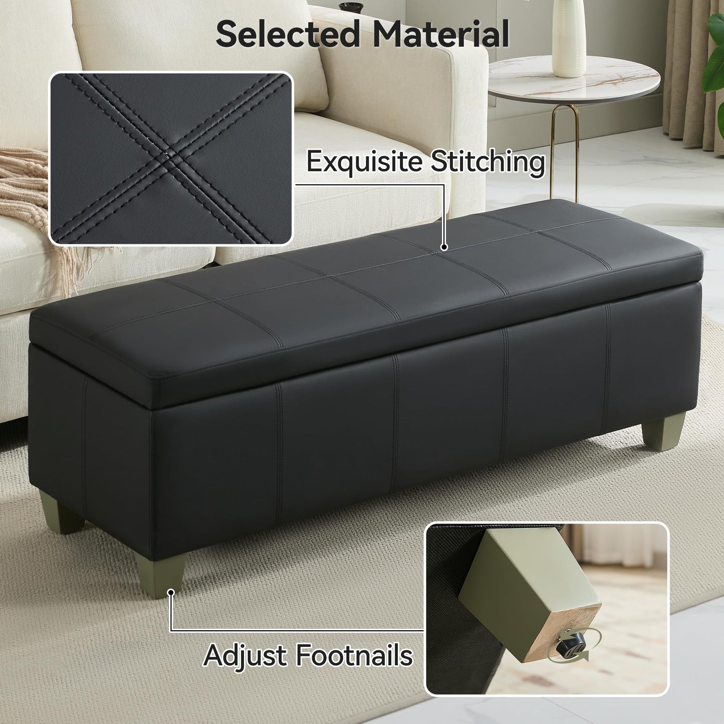 51" Faux Leather Storage Ottoman, Stitch Tufted Rectangle Upholstered End of Bed Storage Bench, Entryway Large Couch Ottoman with Wooden Legs, Dark Black