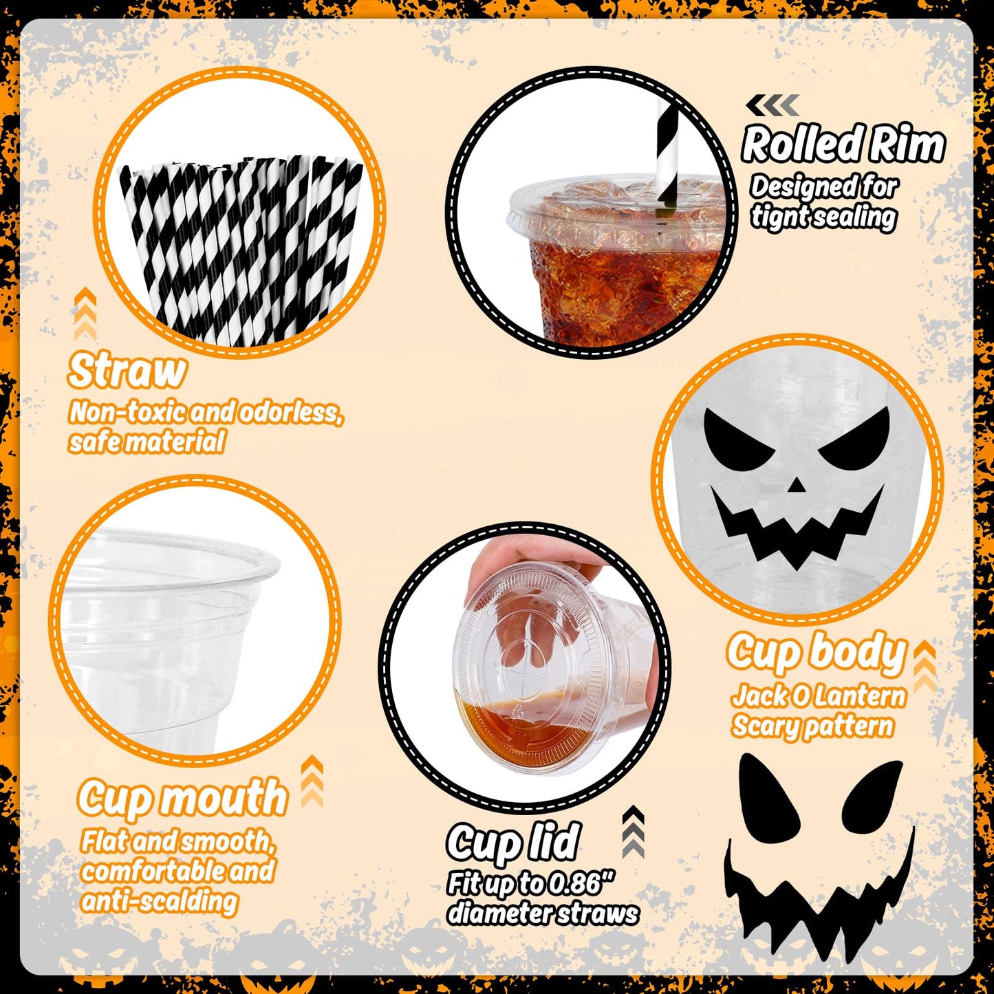 Whaline 60Pcs Halloween Disposable Plastic Cups with Lids and Straws 12oz Jack-O-Lantern Pumpkin Cold Beverage Drinking Cups for Trick or Treat Party Supplies