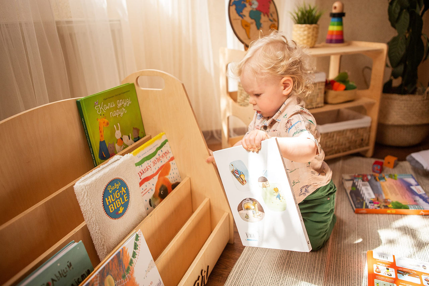 WOOD&ROOM Wooden Kids Bookcase - Book Organizer for Kids Room - Nursery Bookshelf - Floor Bookshelf - Childrens Bookcase and Display Rack - Front Facing Montessori for Toddlers