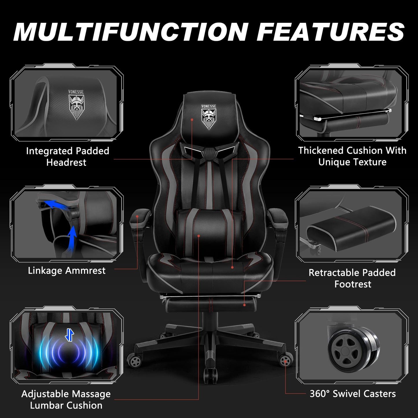Vonesse Gaming Chair, Computer Office Chair with Footrest,Reclining Gaming Chairs for Adults, Big and Tall Ergonomic Gaming Chair with Lumbar Support (Gray/Black)