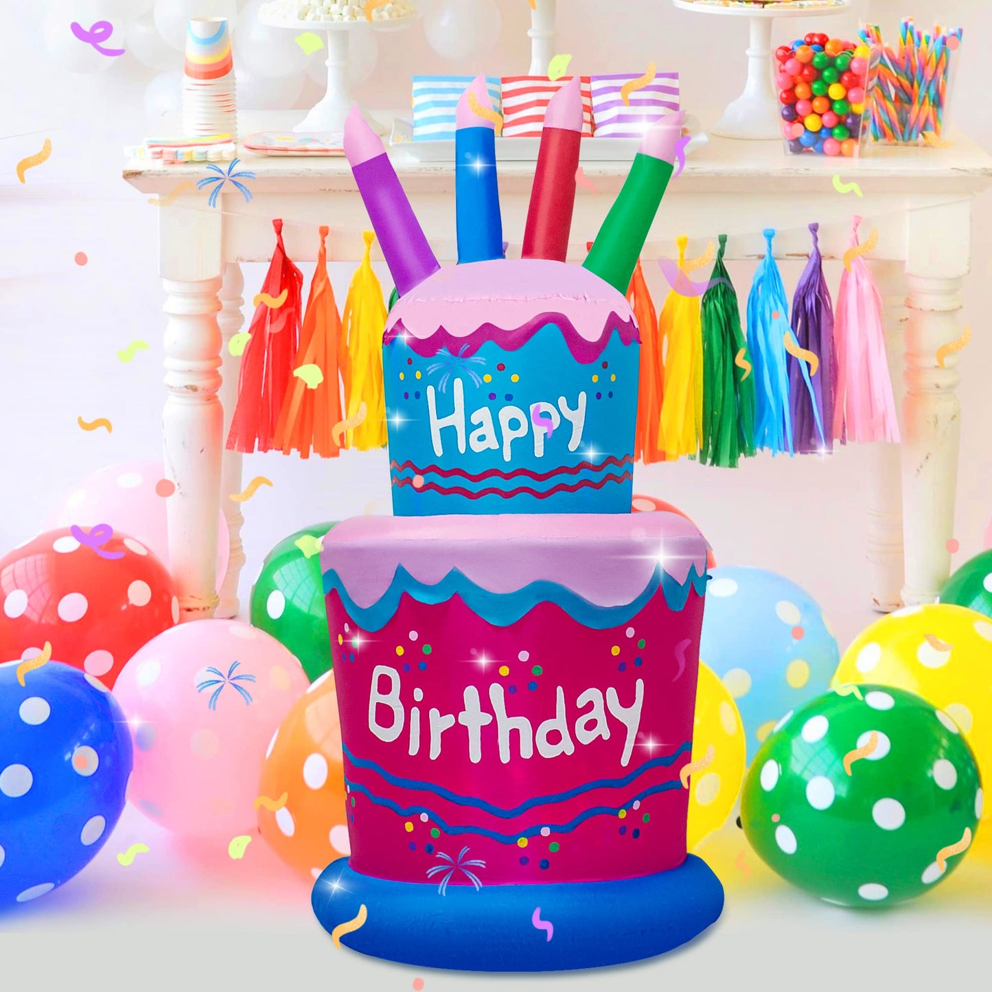 6FT Inflatable Birthday Cake Decoration,Birthday Blow up Cake Outdoor Decor with LED Lights,Light-up Happy Birthday Sign for Yard Lawn, Inflatable Outdoor Holiday Yard Decoration(Blue & Pink)