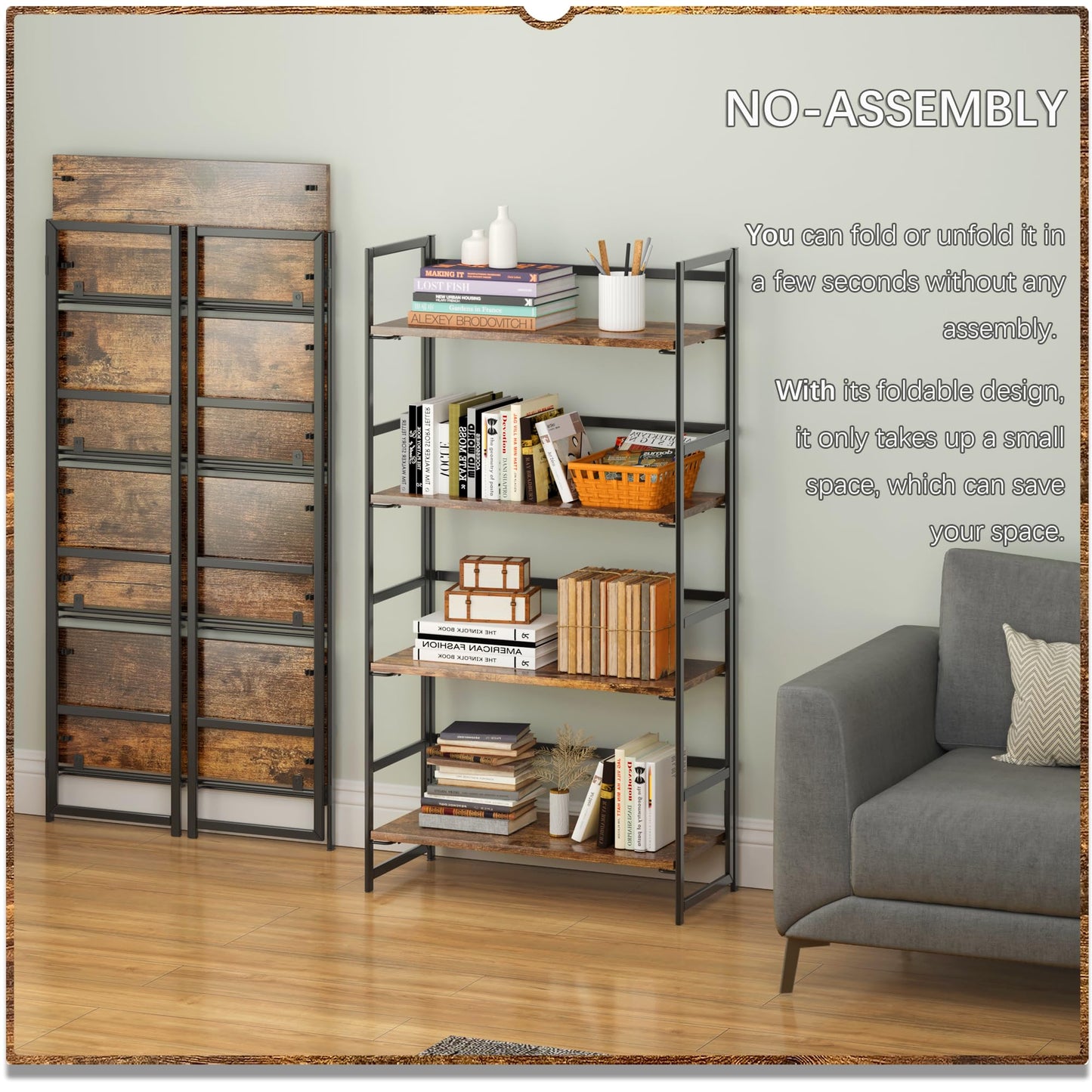 4NM No Assembly 4 Tiers Book Shelves, Black Folding Bookshelf Bookcase Open Industrial Foldable Shelves for Bedroom, Living Room, Home Office - Rustic Brown Black