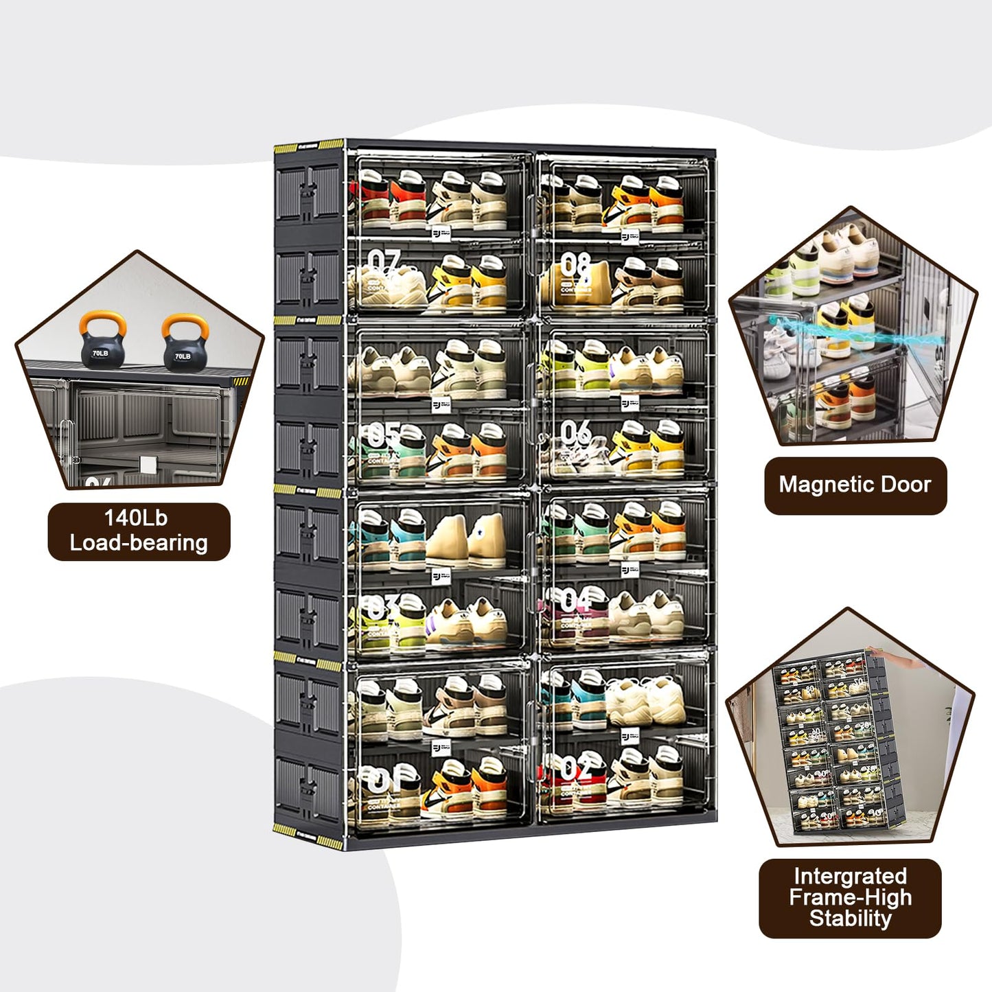 wesimple 32 Pairs Portable Shoe Storage Cabinent of 3-Step Fast Installation,Plastic Shoe Box with Magnetic Clear Door for Entryway, Enclosed Shoe Rack for Sneaker, Heels etc.. (2Row, 8Tier)