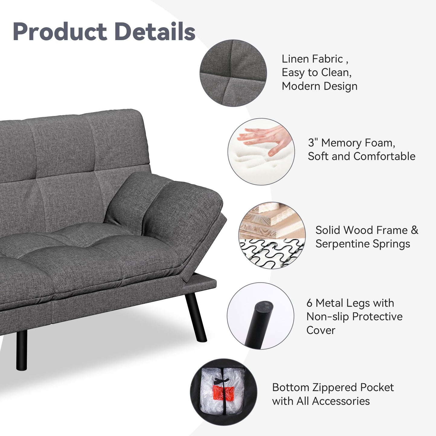 Vyfipt Convertible Futon Sofa Bed, 71" Memory Foam Futon Couch with Detachable,Adjustable Backrest,Linen Fabric Folding Small Loveseat Sleeper for for Living Room,RV,Office,Apartment,Light Grey