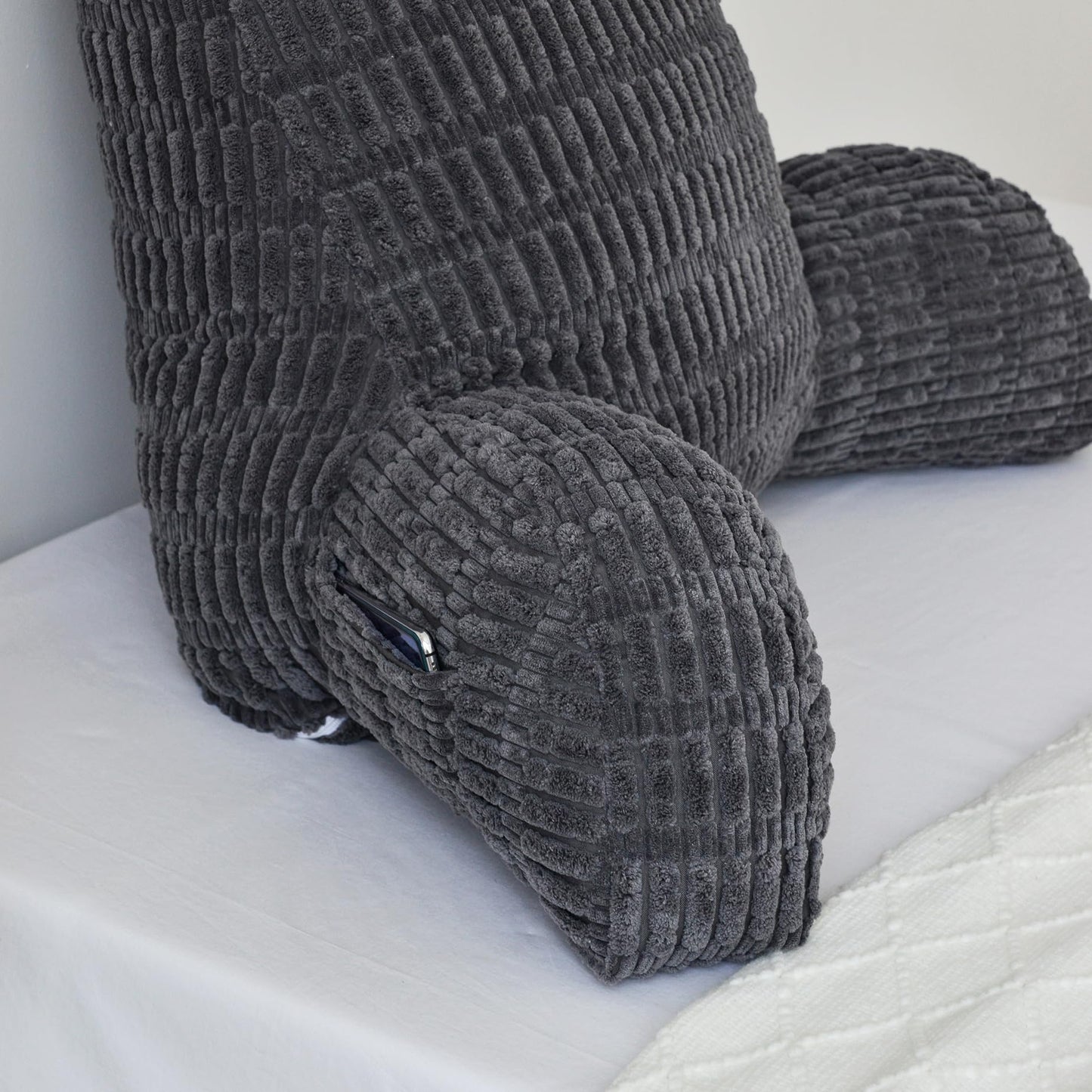 WERDIM Reading Pillow with Detachable Neck Roll, Large Back Pillow for Sitting Up in Bed Couch, Adult Bed Rest Pillow with Arms for Reading/Watching TV/Gaming, Dark Grey