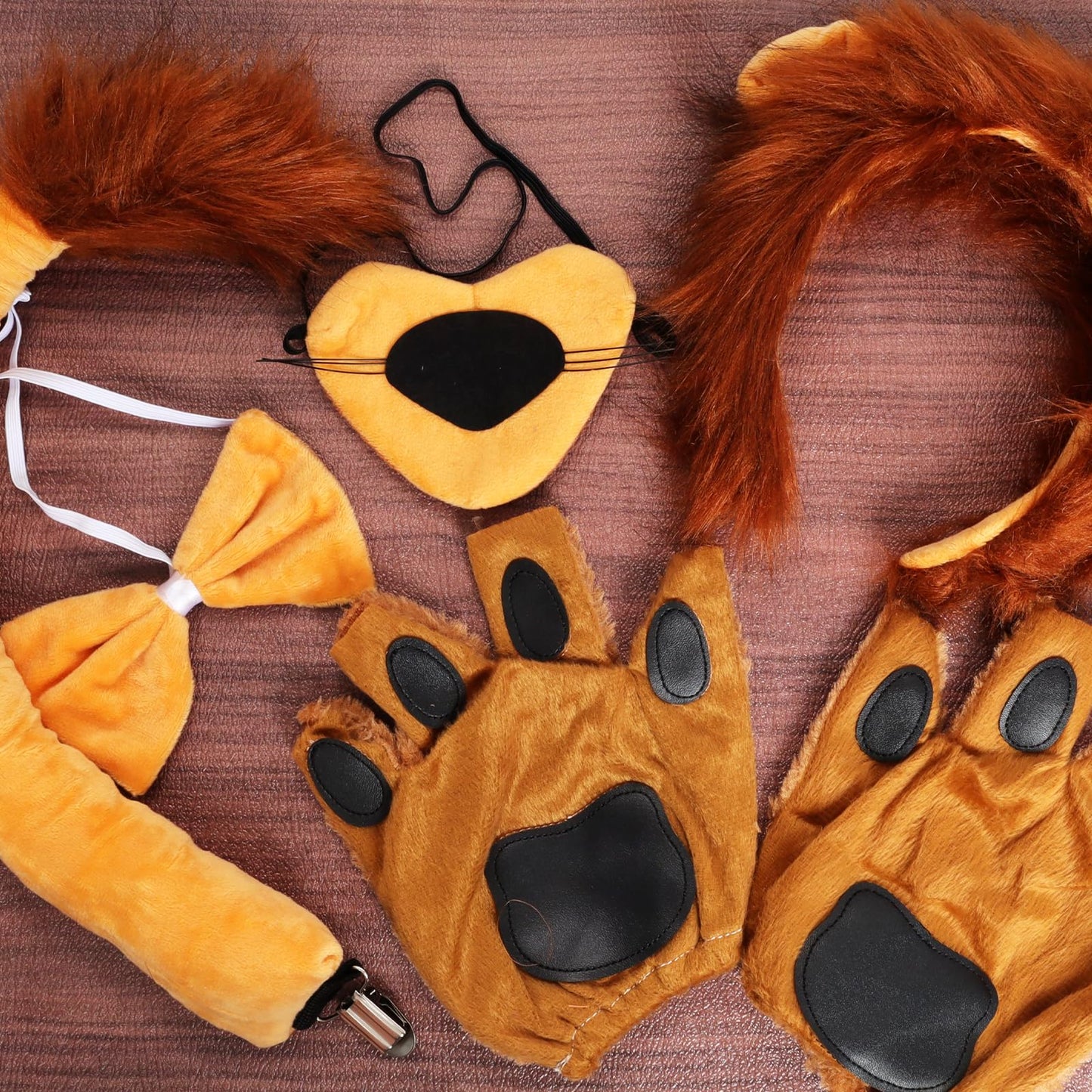 6Pcs Lion Costume Lion Ears Headband and Tail Set Nose Bowtie Gloves Halloween Cosplay Accessories Party Supplies for Adults