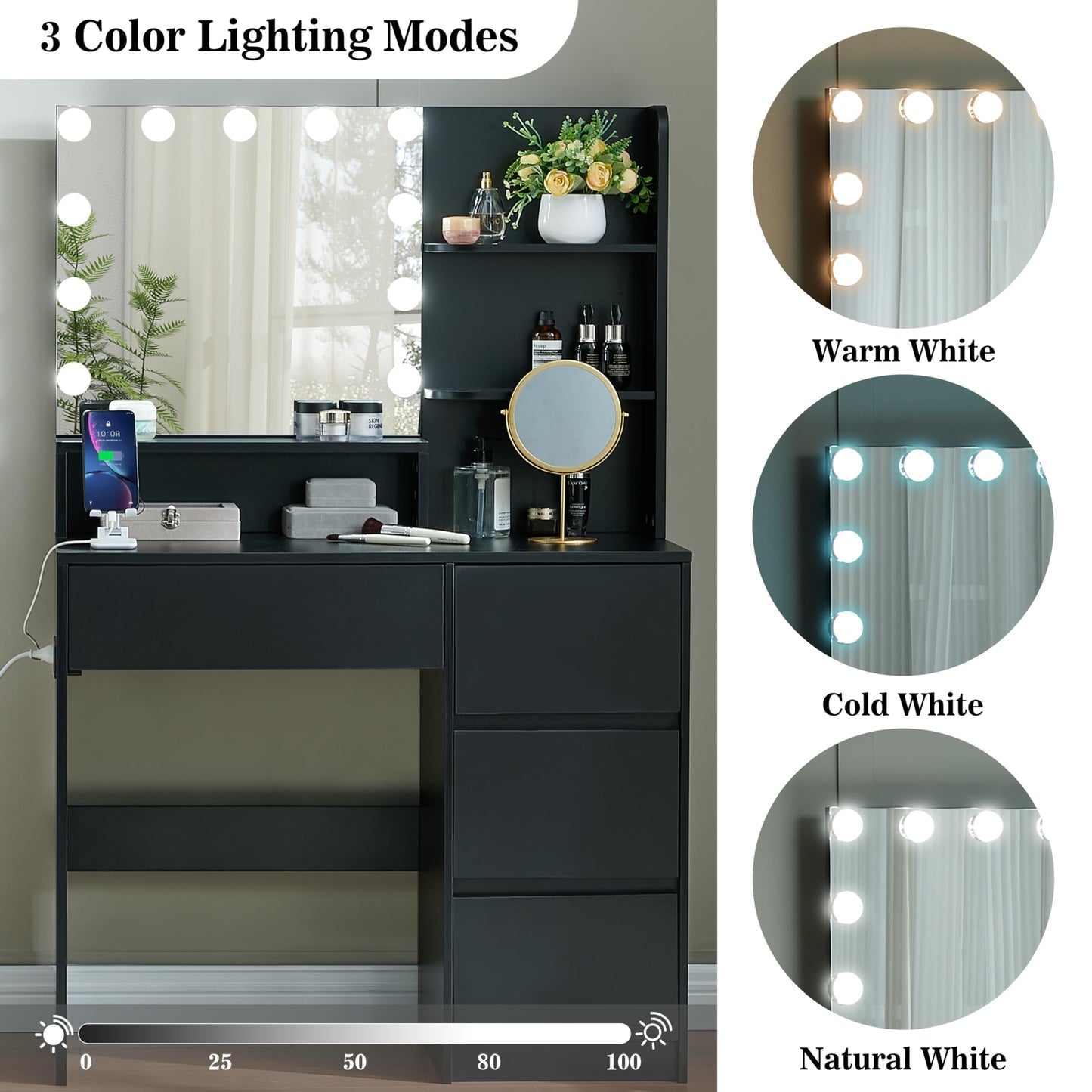 Alaxgumrol Black Vanity Desk with Mirror and Lights- Makeup Vanity Table Set with Power Outlet, 4 Drawers and Stool, Small Makeup Table with 3 Lighting Color Adjustable for Bedroom