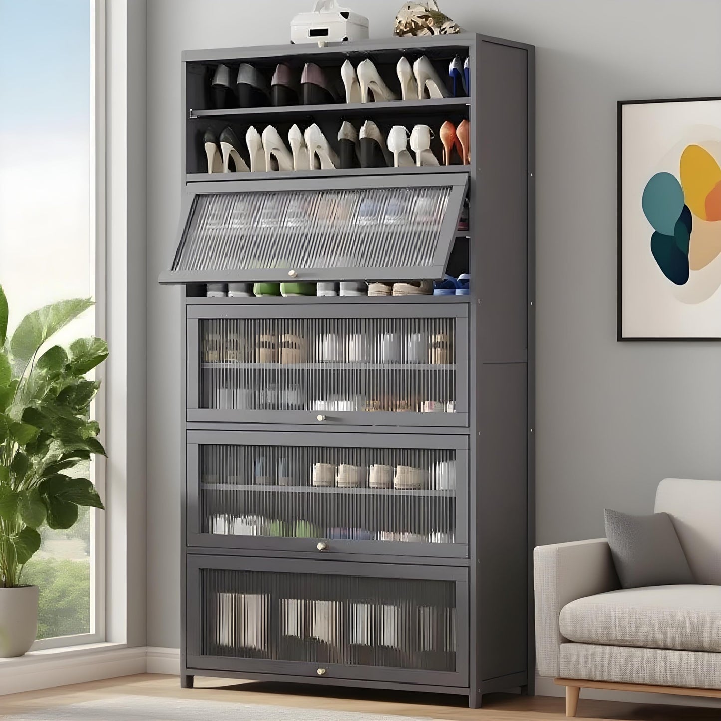 Voclym Tall Shoe Cabinet with Clear Doors, Large Capacity Bamboo Shoe Cabinet, 40-45 Pairs Shoe Rack Organizer for Closet Entrance, Hallway, Living Room, Bedroom