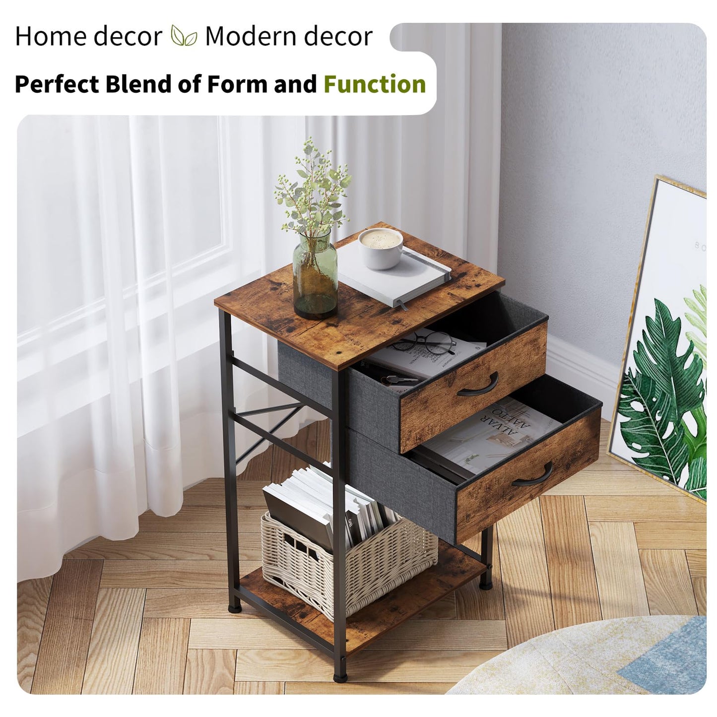 VonDream End Table with Fabric Drawer, Nightstand for Bedroom, Small Printer Stand for Home Office, Side Table with Storage