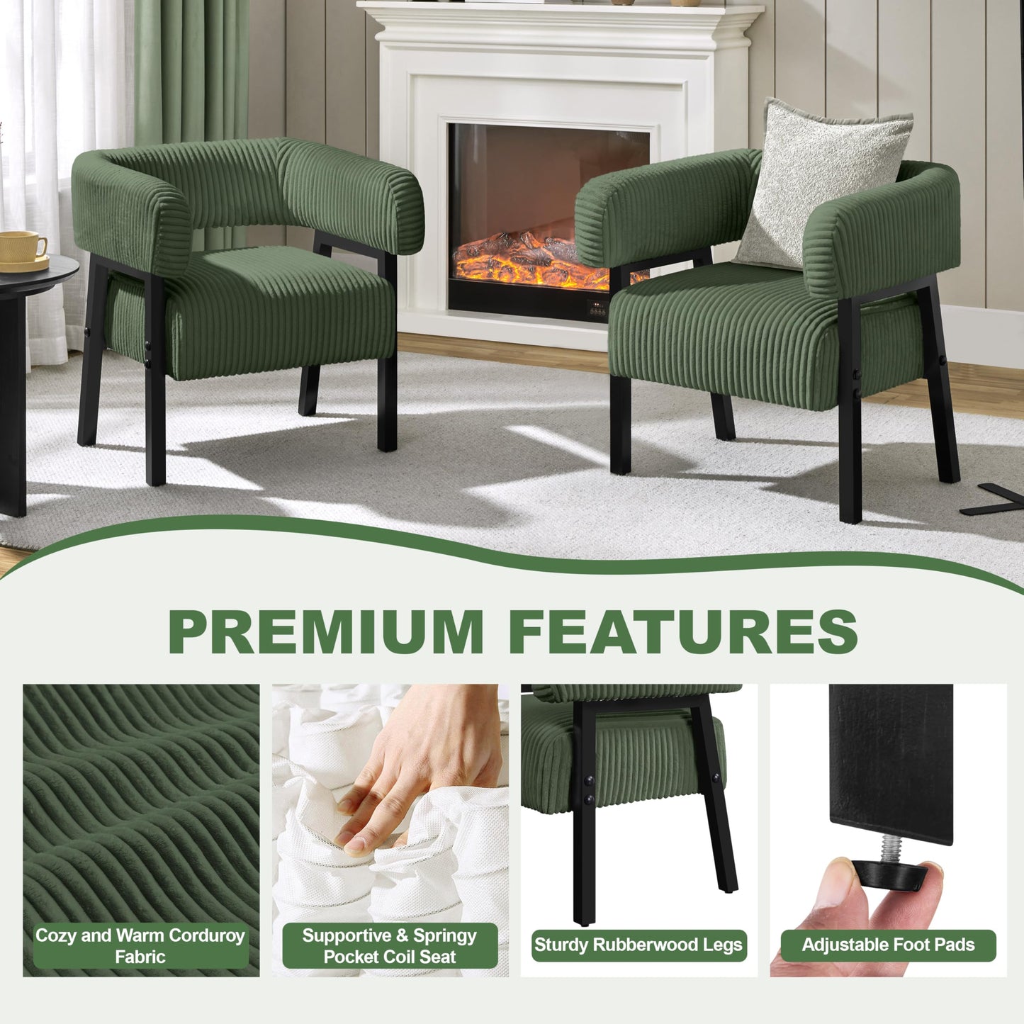 Yaheetech Corduroy Barrel Accent Chair Set of 2, Modern Upholstered Armchair with Solid Wood Legs, Cozy Leisure Chair with Pocket Coiled Seat for Living Room, Bedroom, Reading Nook Dark Green