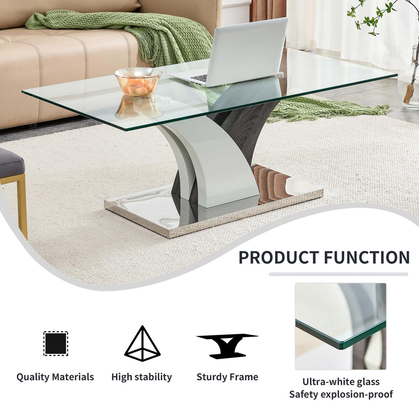 47'' Glass Coffee Table for Living Room,Rectangle Clear Center Table,Modern Glass Sofa Coffee Table with Tempered Glass Top and MDF Thickened Base