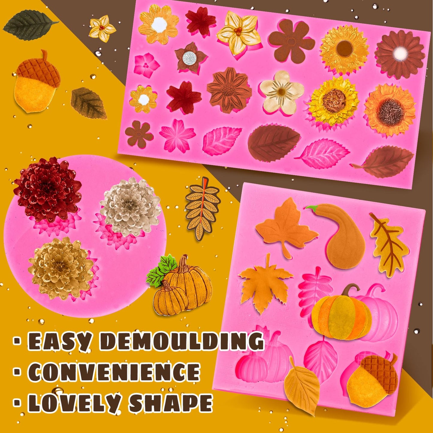 Whaline 3Pcs Fall Fondant Molds Fall Floral 3D Silicone Moulds Pumpkin Maple Leaf Flower Pine Cone Pattern Resin Molds Autumn Cupcake Cookie Candy Baking Moulds for Fall Thanksgiving Party DIY Crafts