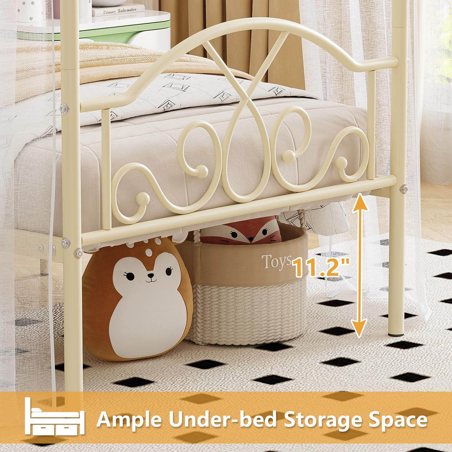 Weehom Princess Canopy Bed Frame with 4 Posters, Sturdy Metal Platform with Headboard&Footboard No Box Spring Needed Twin Size Bed for Kids Girls Adults,Beige White