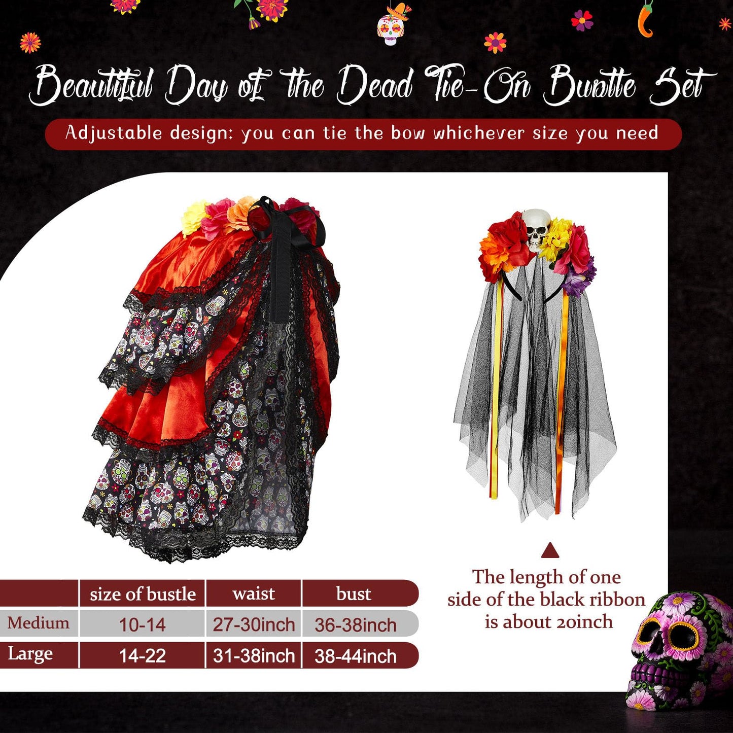 2 Pcs Halloween Day of the Dead Bustle and Day of the Dead Headband for Women Set Halloween Costumes for Women Girls (Medium)
